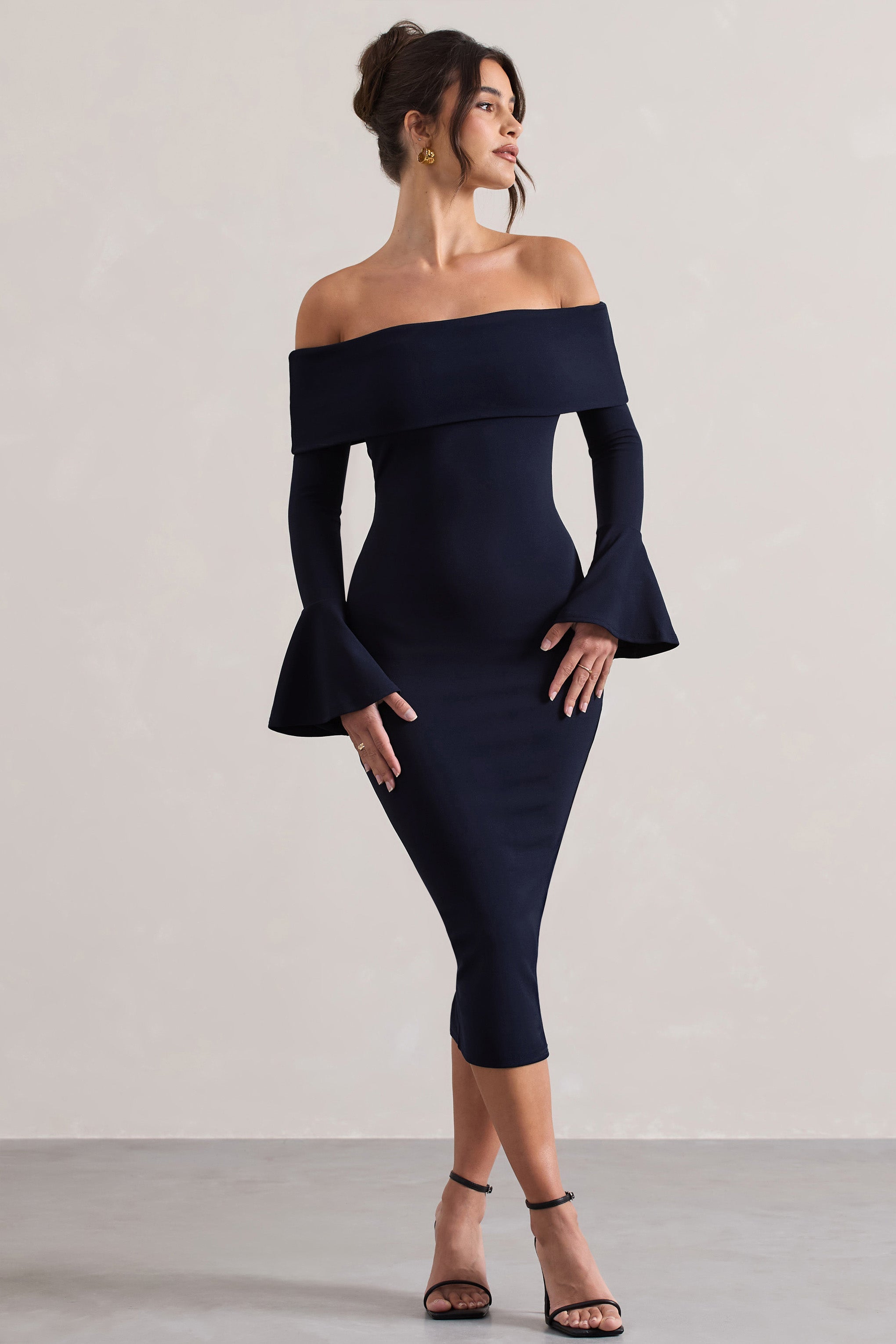 Emma | Lacivert Bardot Alevli Kol Midi Elbise