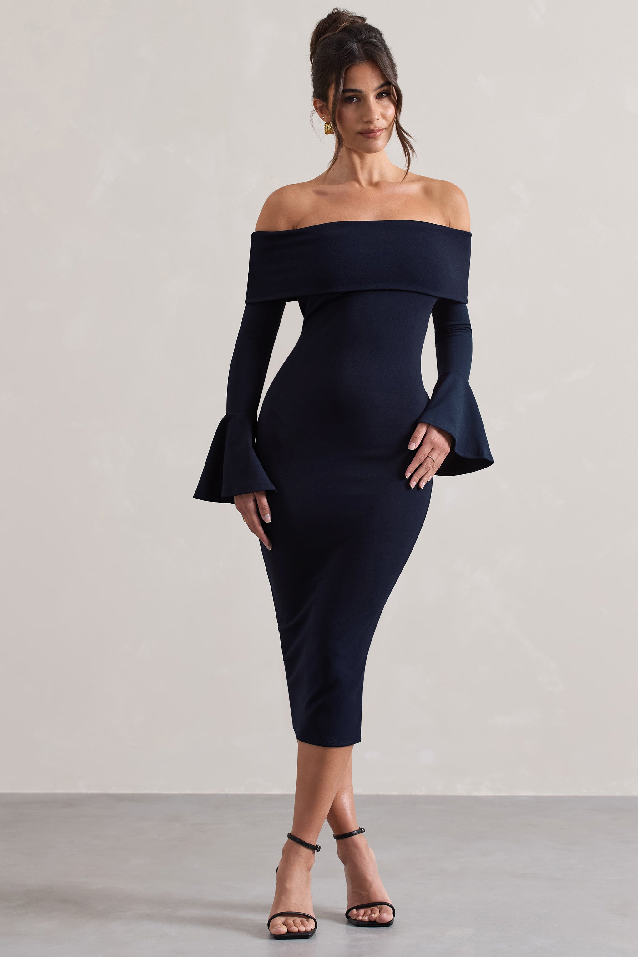 Emma | Lacivert Bardot Alevli Kol Midi Elbise