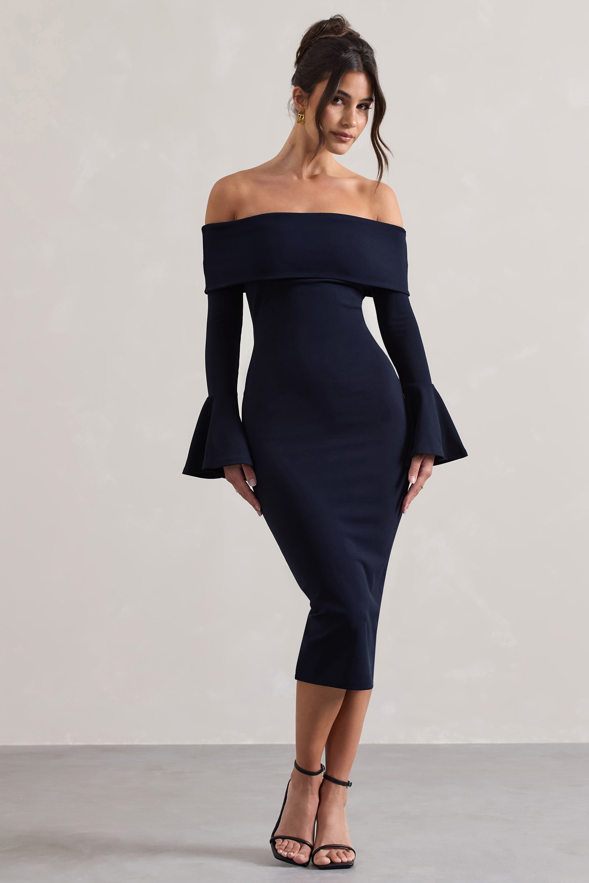 Emma | Lacivert Bardot Alevli Kol Midi Elbise