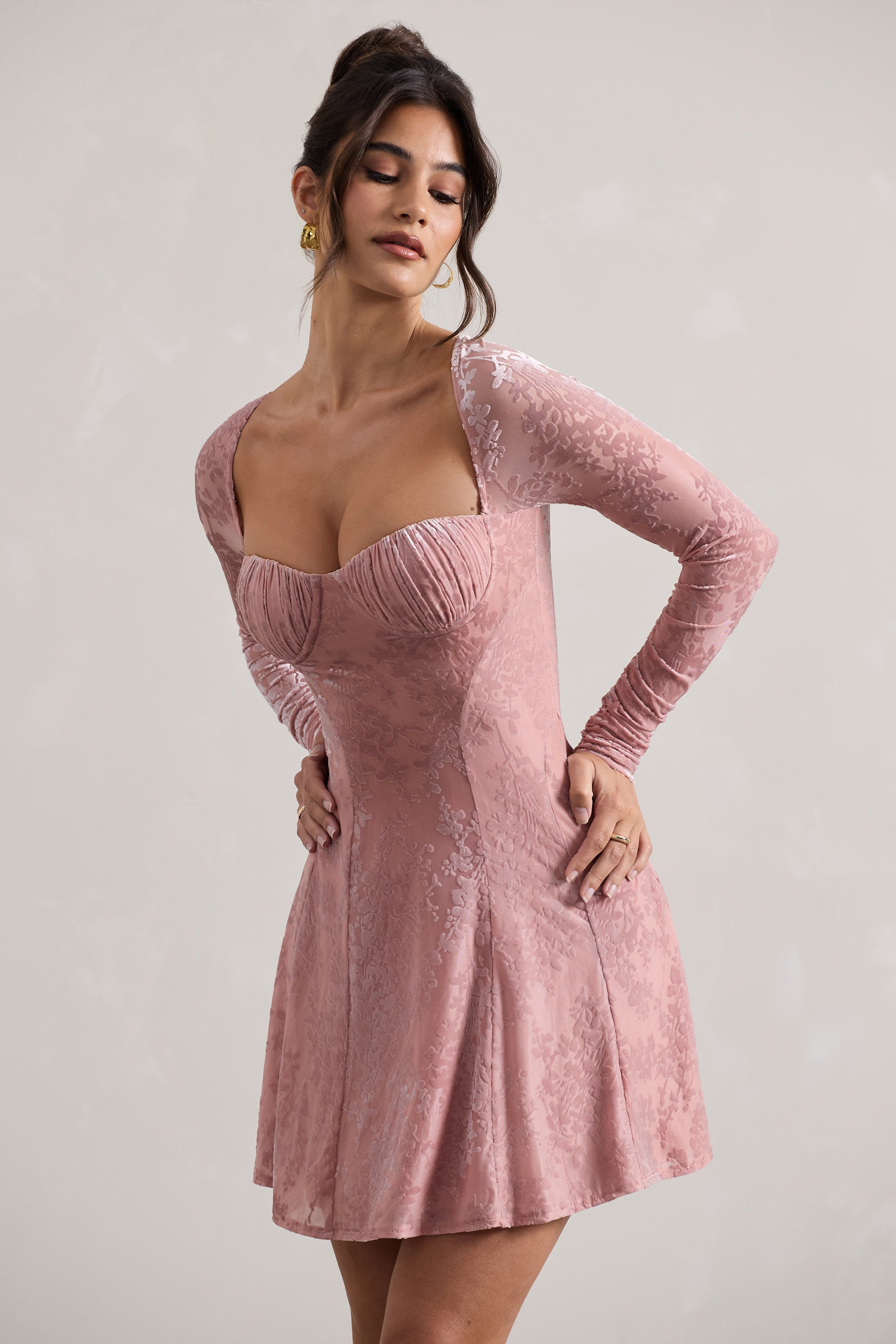 Evangelina | Pembe Uzun Kollu Kayık Yaka Mini Elbise