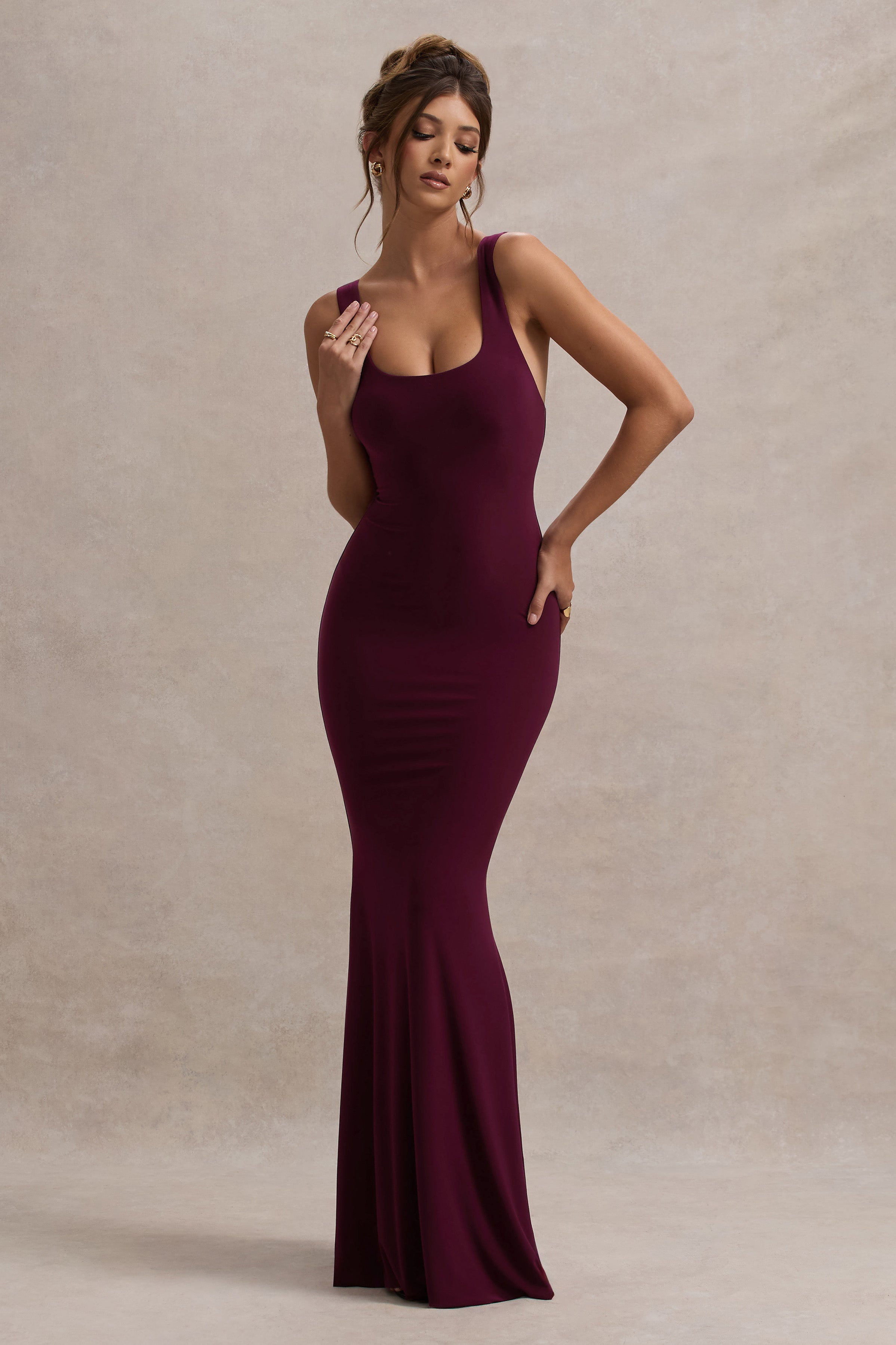 Mahina | Bordo Kare Yaka Maxi Elbise