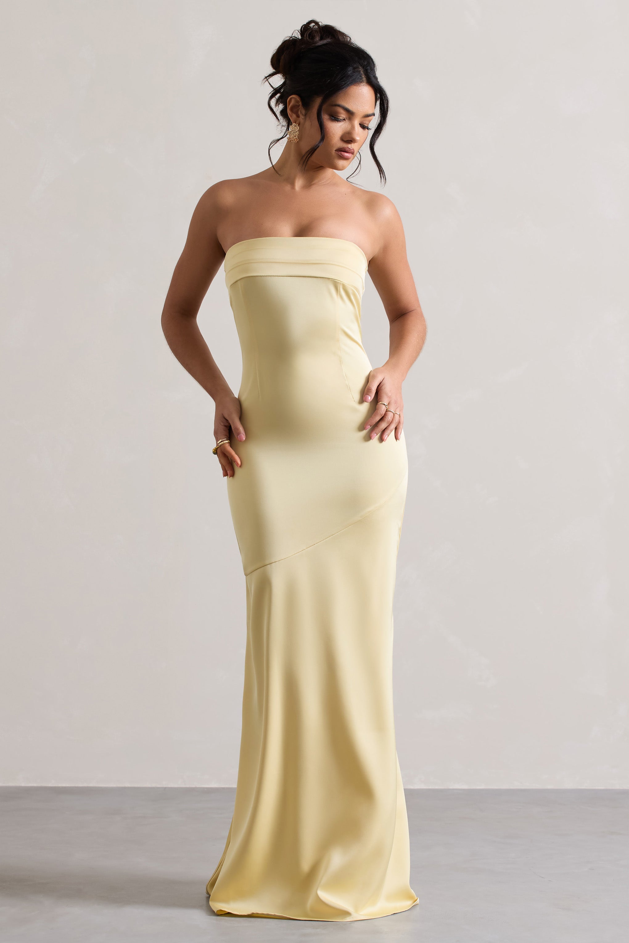 Colada | Limon Saten Plise Bandeau Maxi Elbise