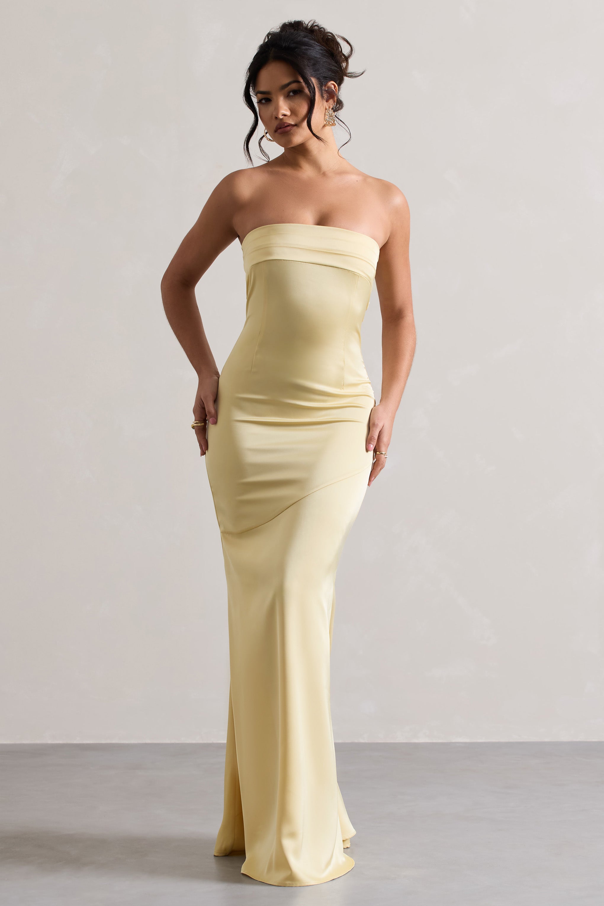 Colada | Limon Saten Plise Bandeau Maxi Elbise
