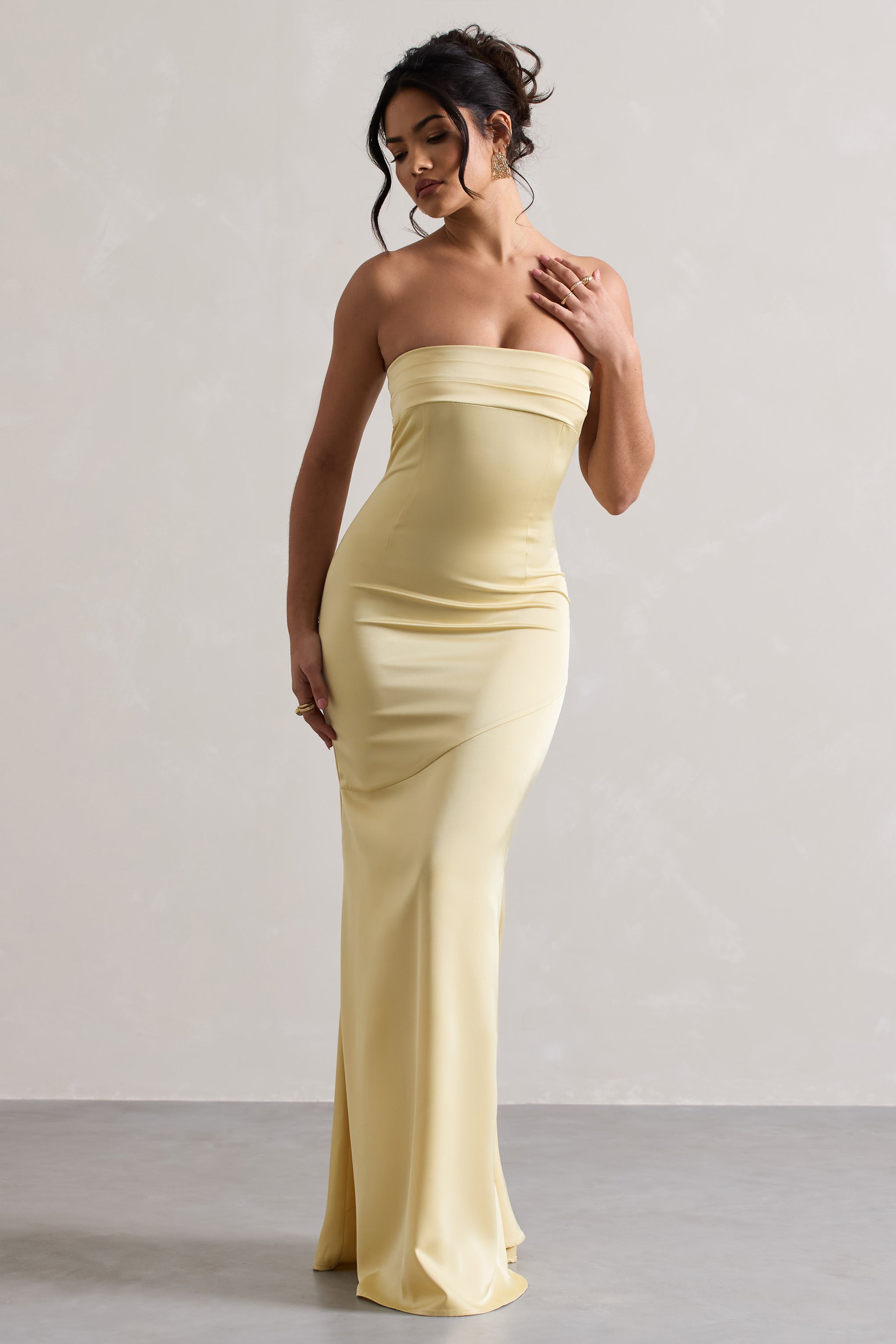 Colada | Limon Saten Plise Bandeau Maxi Elbise