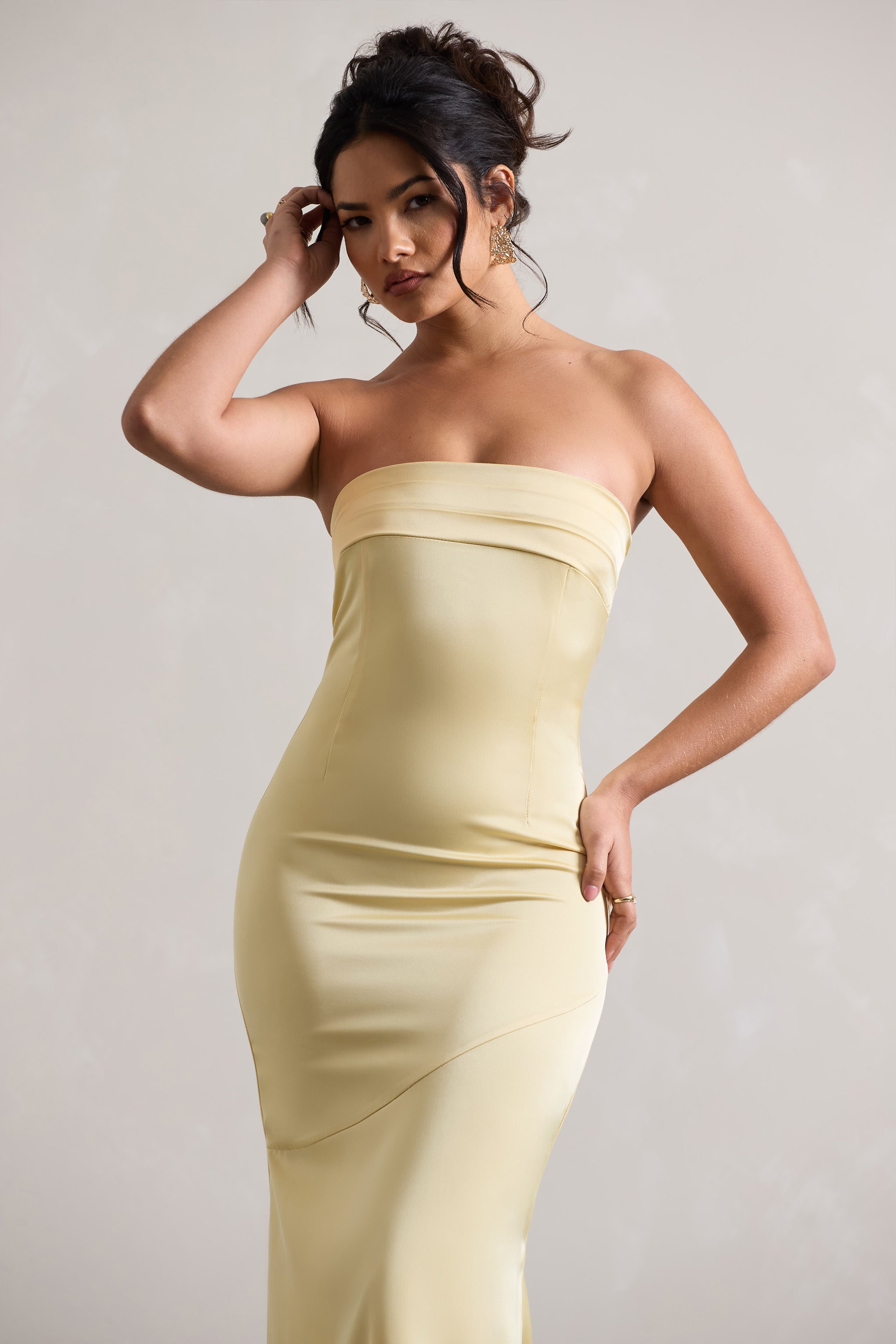 Colada | Limon Saten Plise Bandeau Maxi Elbise