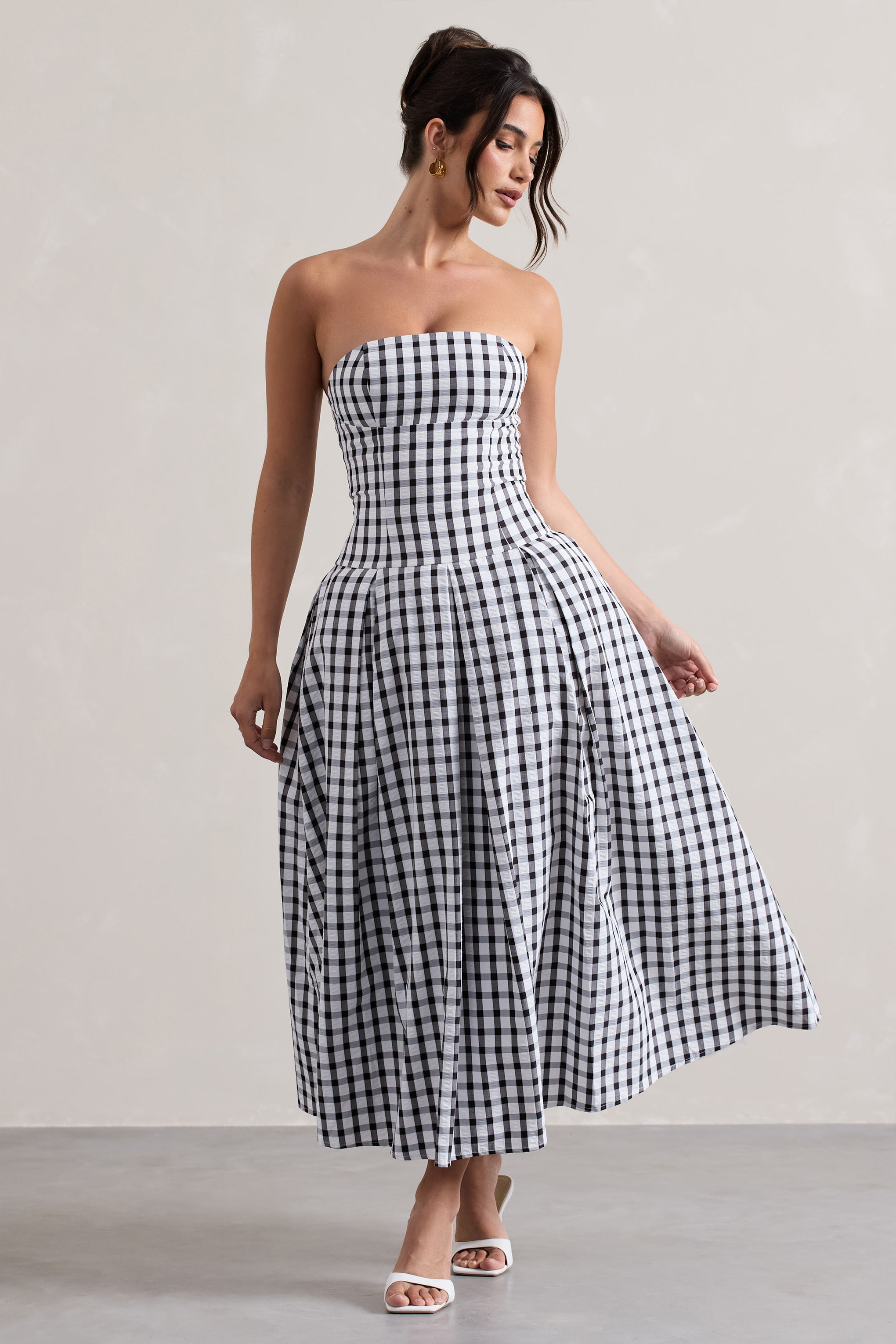 Maisy | Siyah & Beyaz Gingham Askısız Maxi Elbise