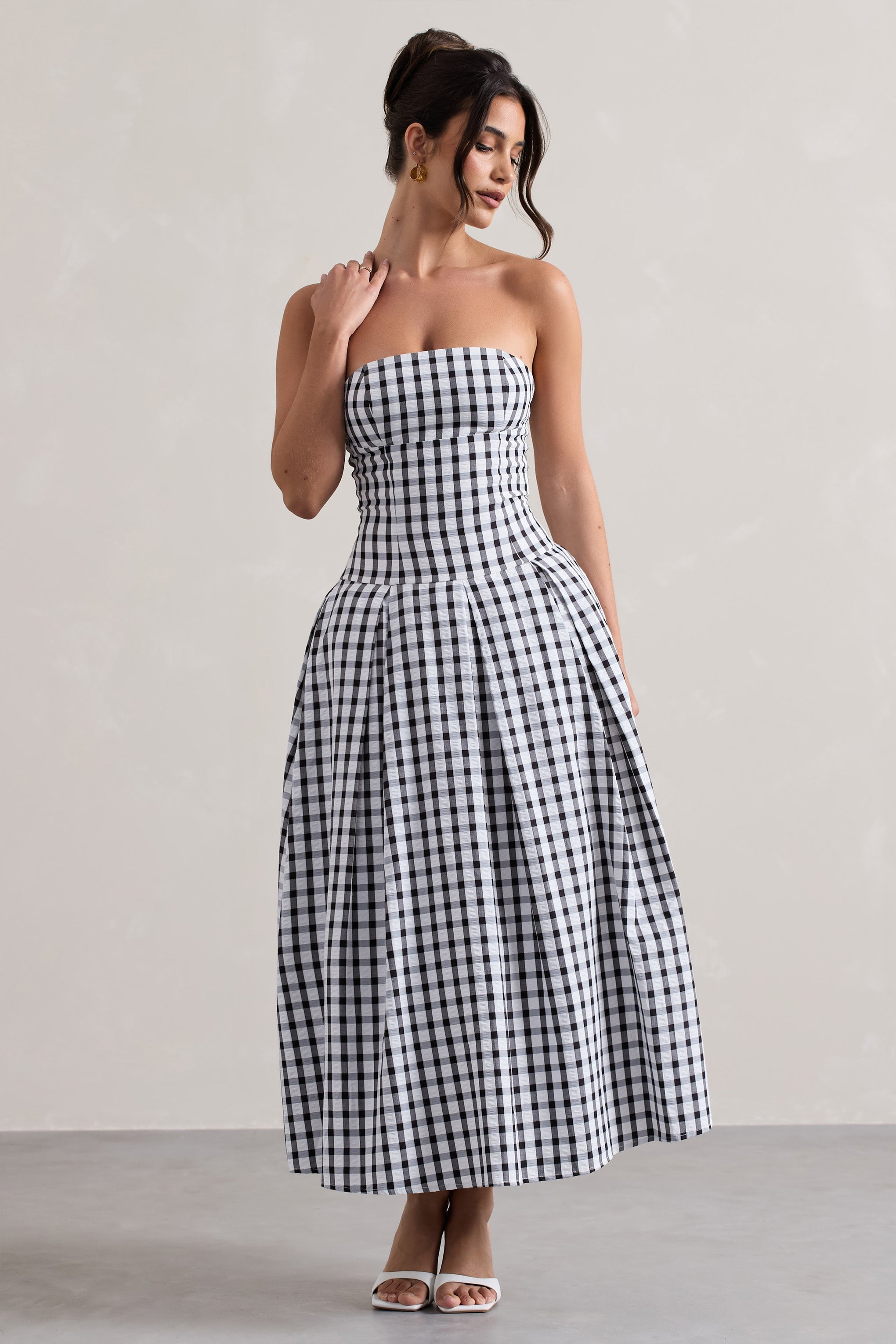 Maisy | Siyah & Beyaz Gingham Askısız Maxi Elbise