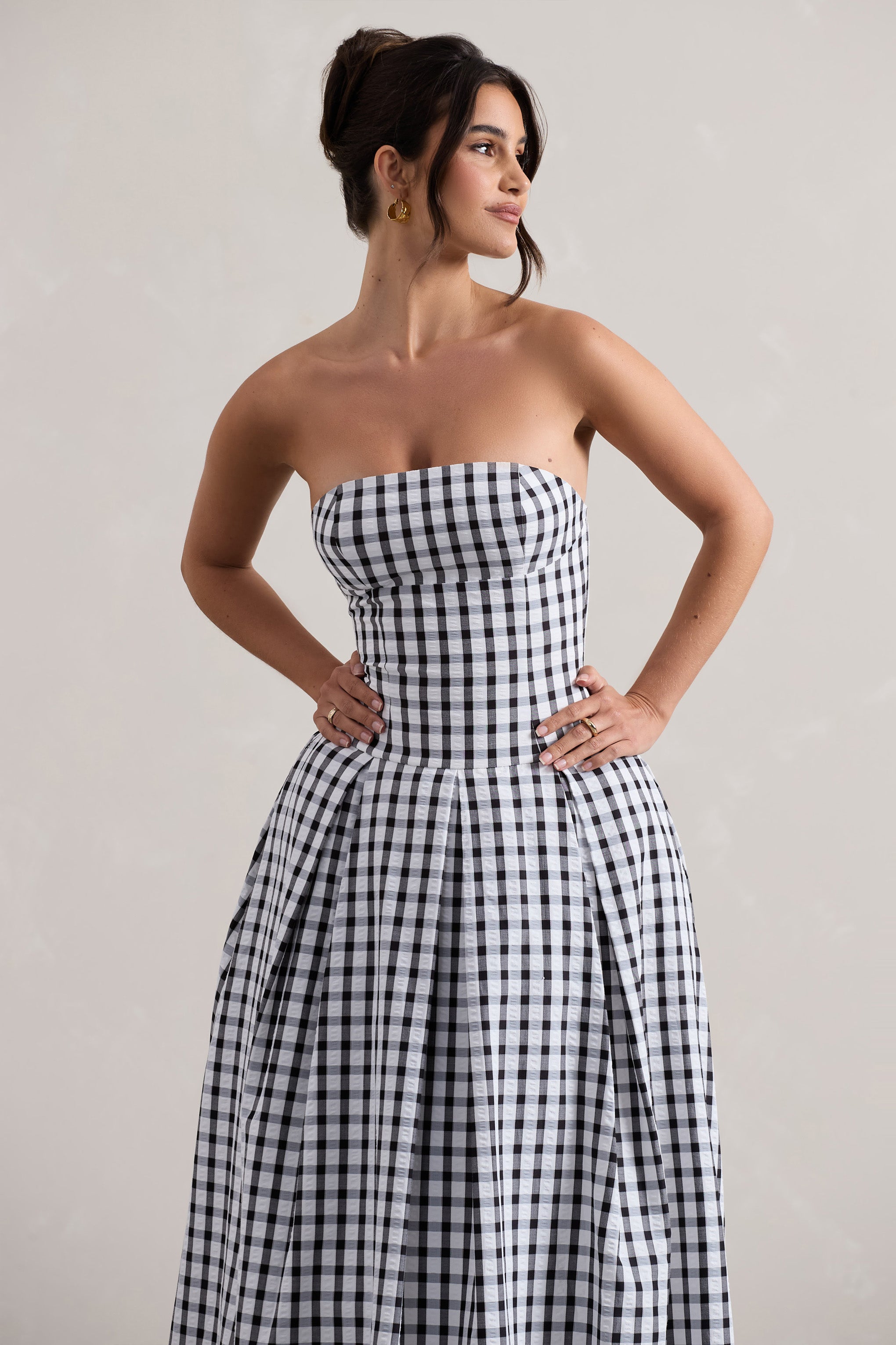 Maisy | Siyah & Beyaz Gingham Askısız Maxi Elbise