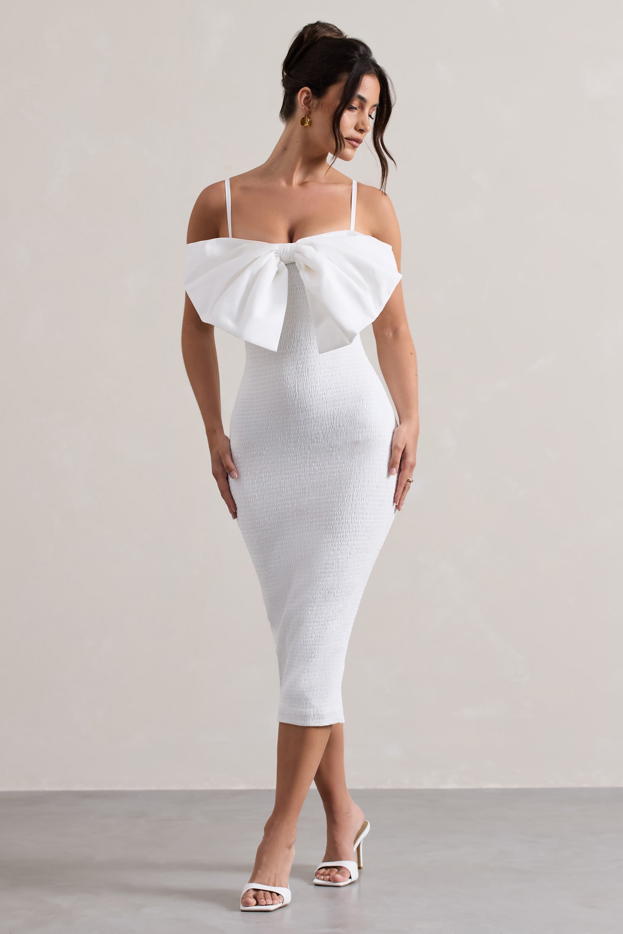 Aşk Şiiri | Büyük Kurdeleli Beyaz Bodycon Midi Elbise