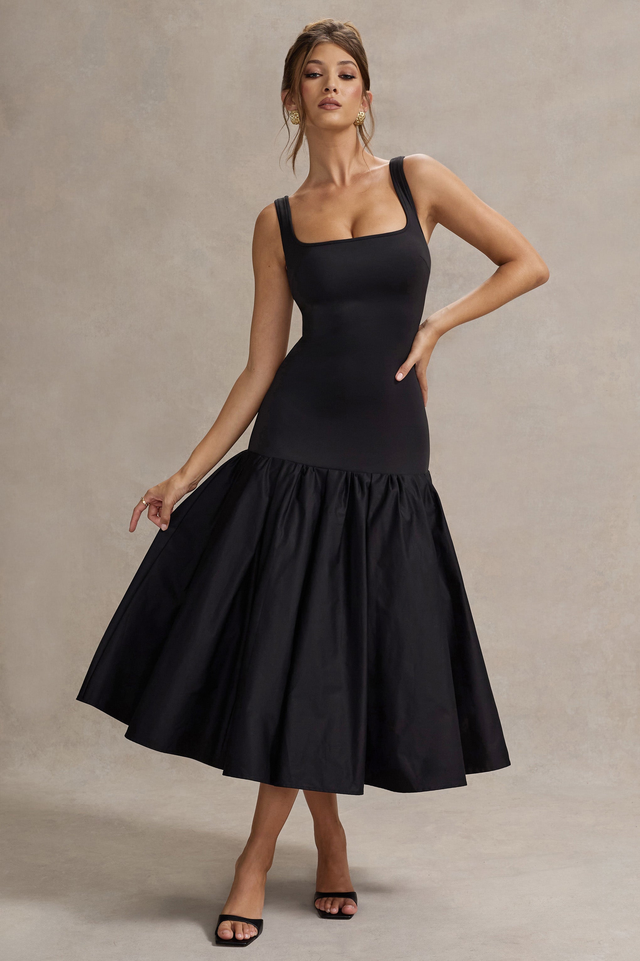 Parida | Peplum Etekli Siyah Poplin Düşük Bel Midi Elbise