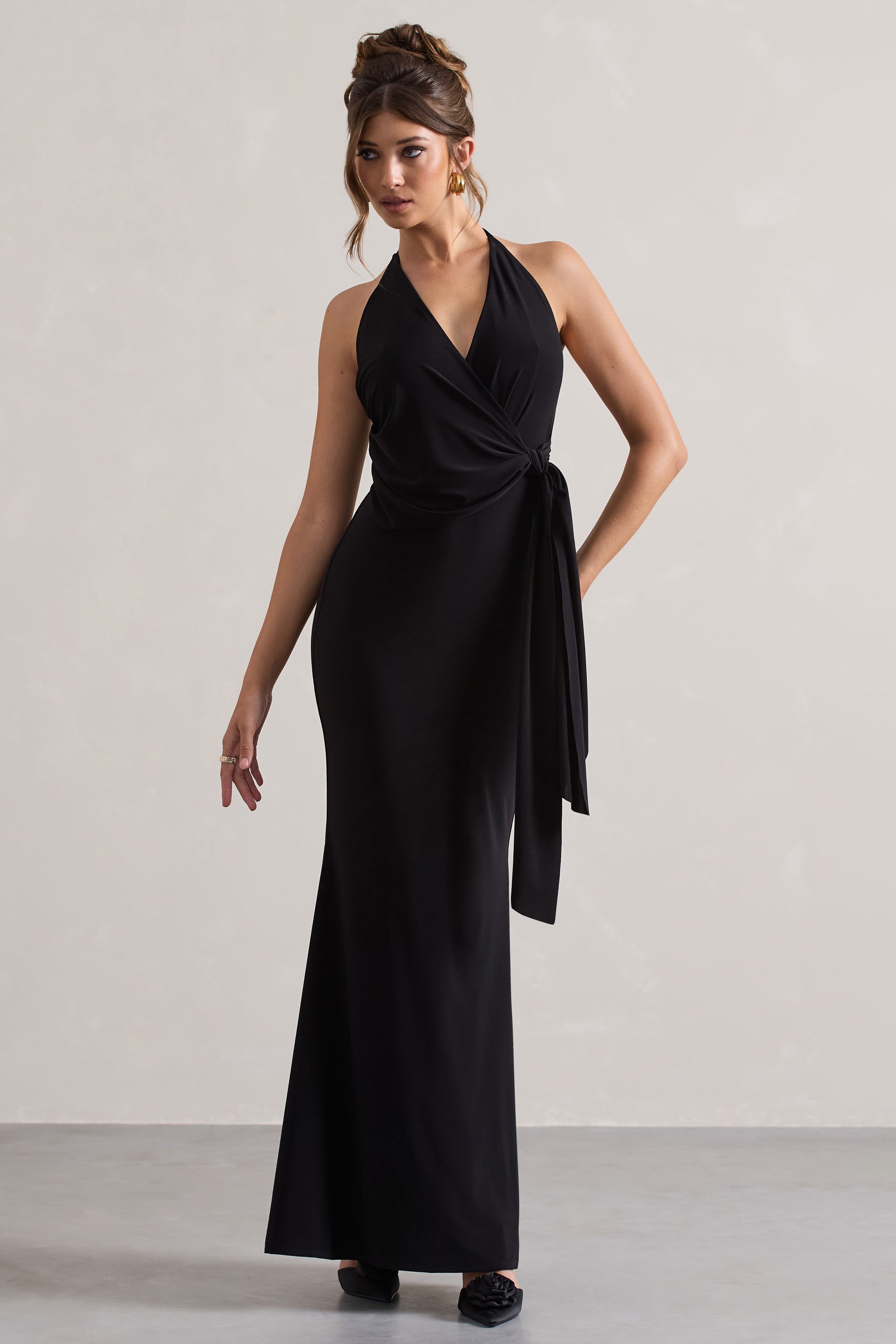Janelle | Siyah Halter Yaka Drapeli Maxi Elbise