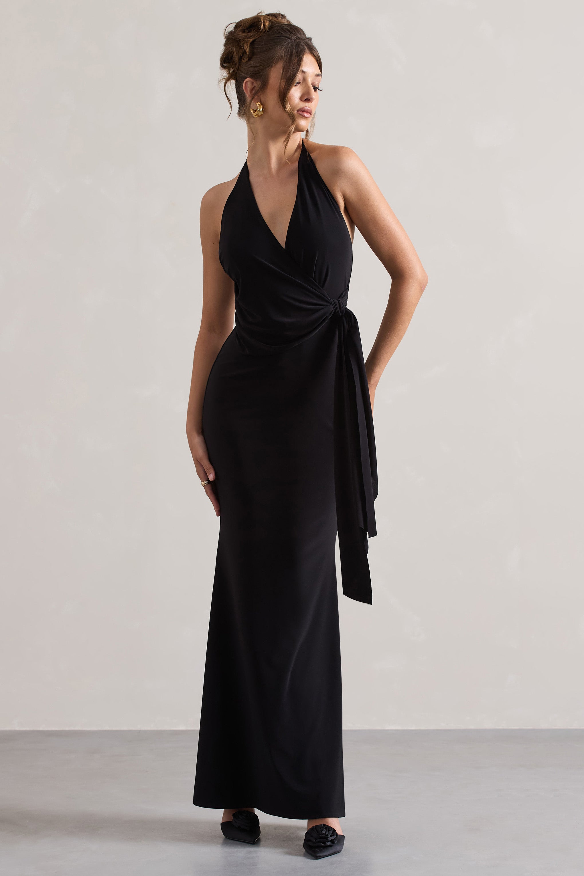 Janelle | Siyah Halter Yaka Drapeli Maxi Elbise