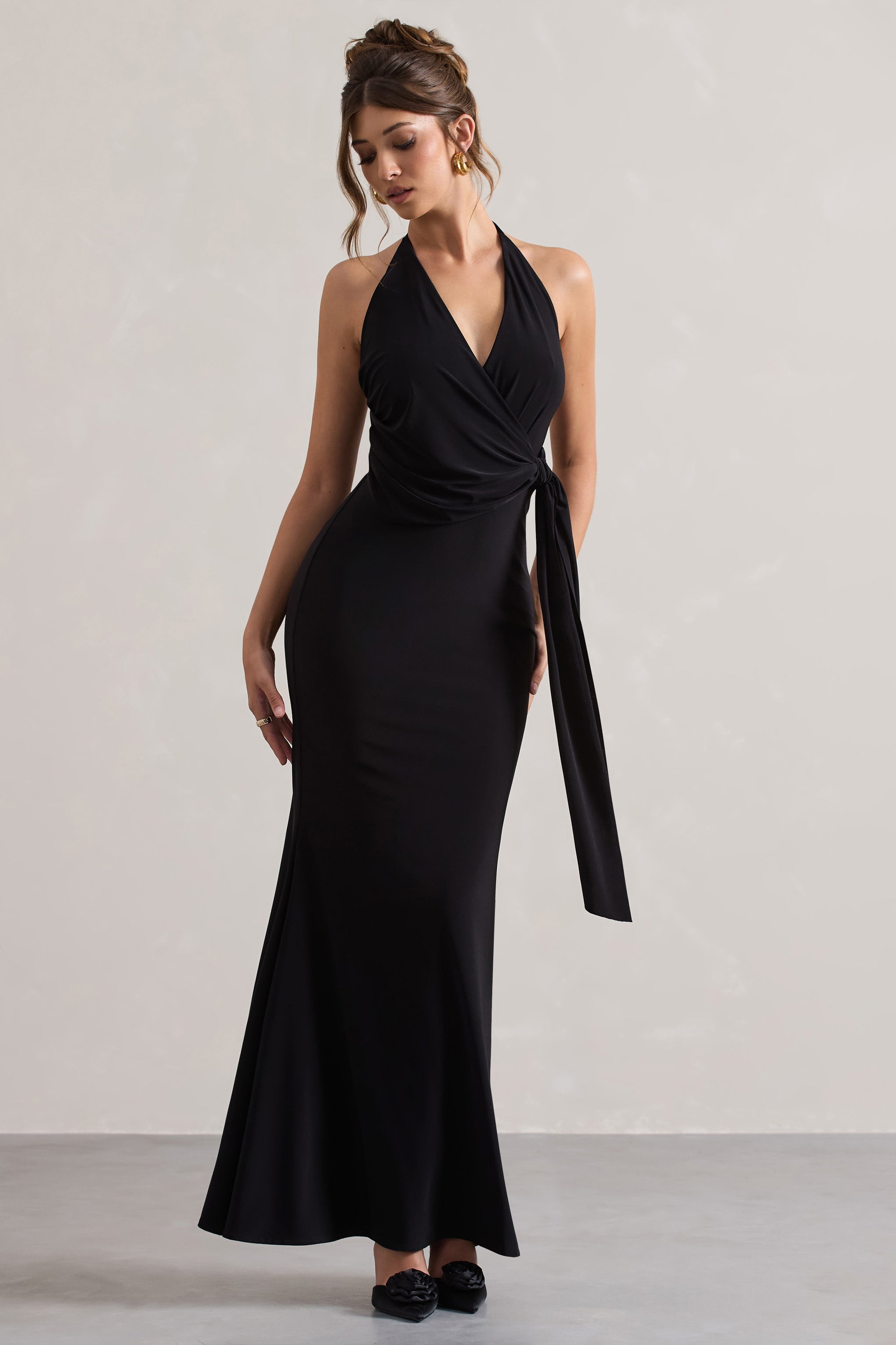 Janelle | Siyah Halter Yaka Drapeli Maxi Elbise