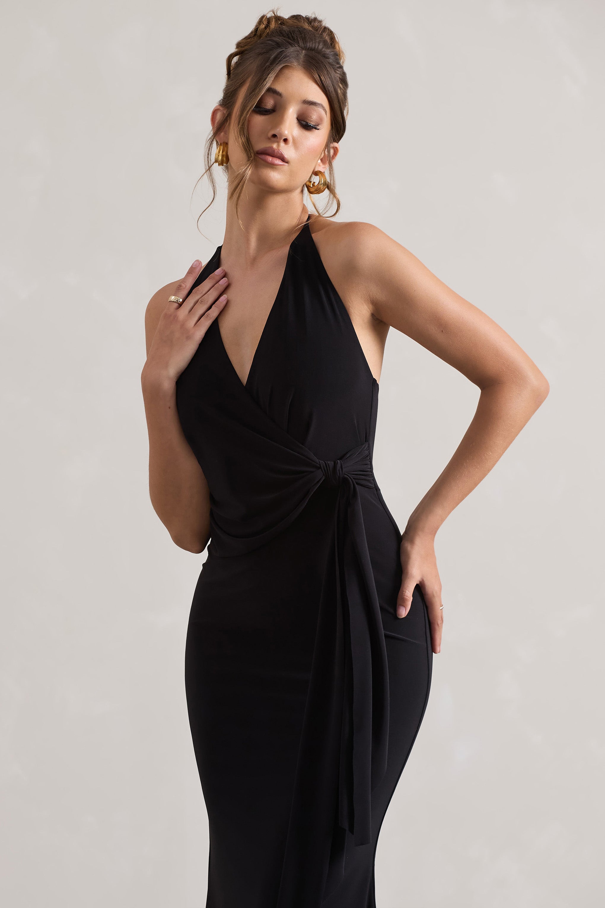 Janelle | Siyah Halter Yaka Drapeli Maxi Elbise