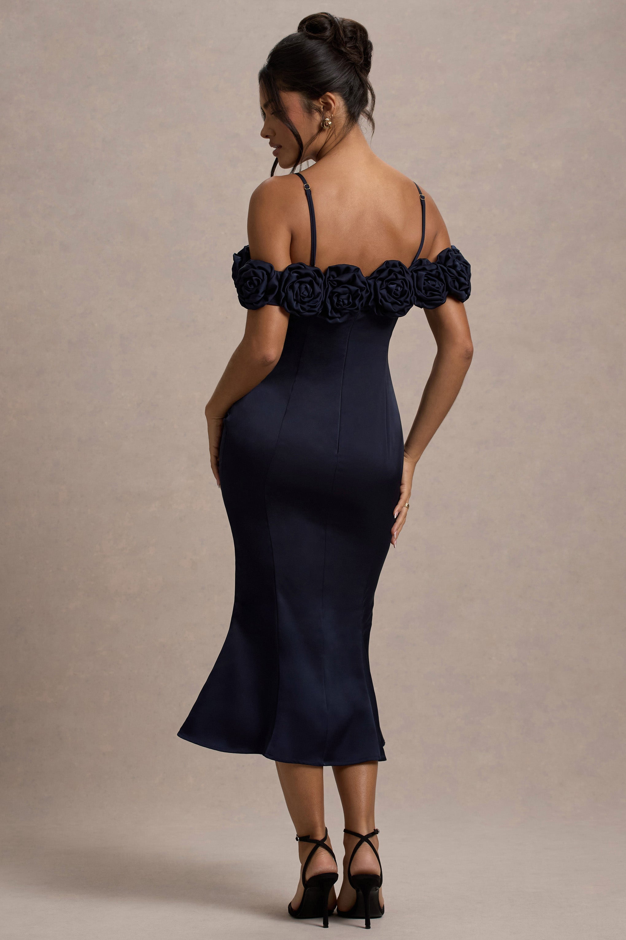 Petunya | Lacivert Saten Çiçekli Bardot Midi Elbise