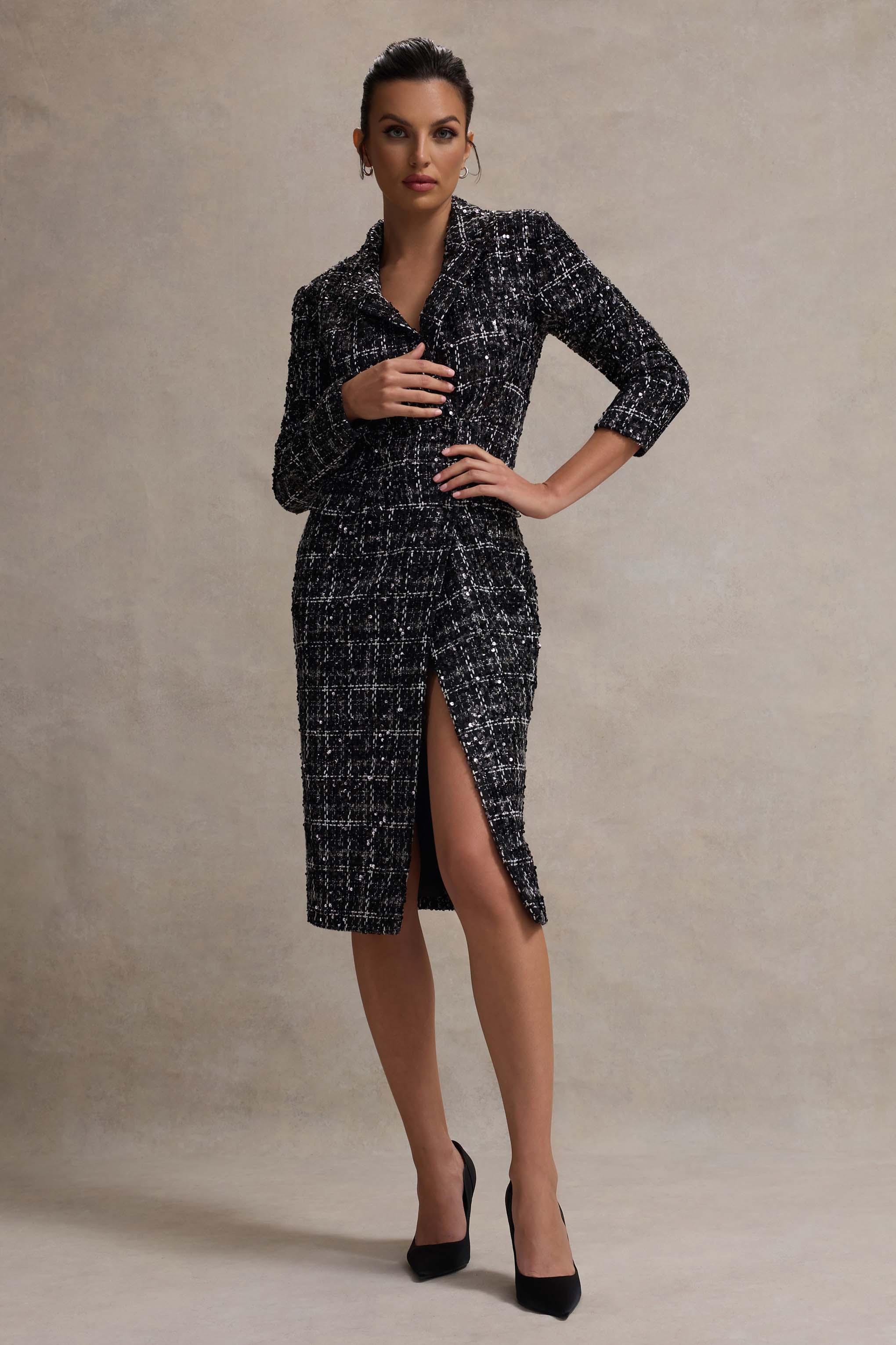 Cooper | Siyah Boucle Kesim Blazer Midi Elbise