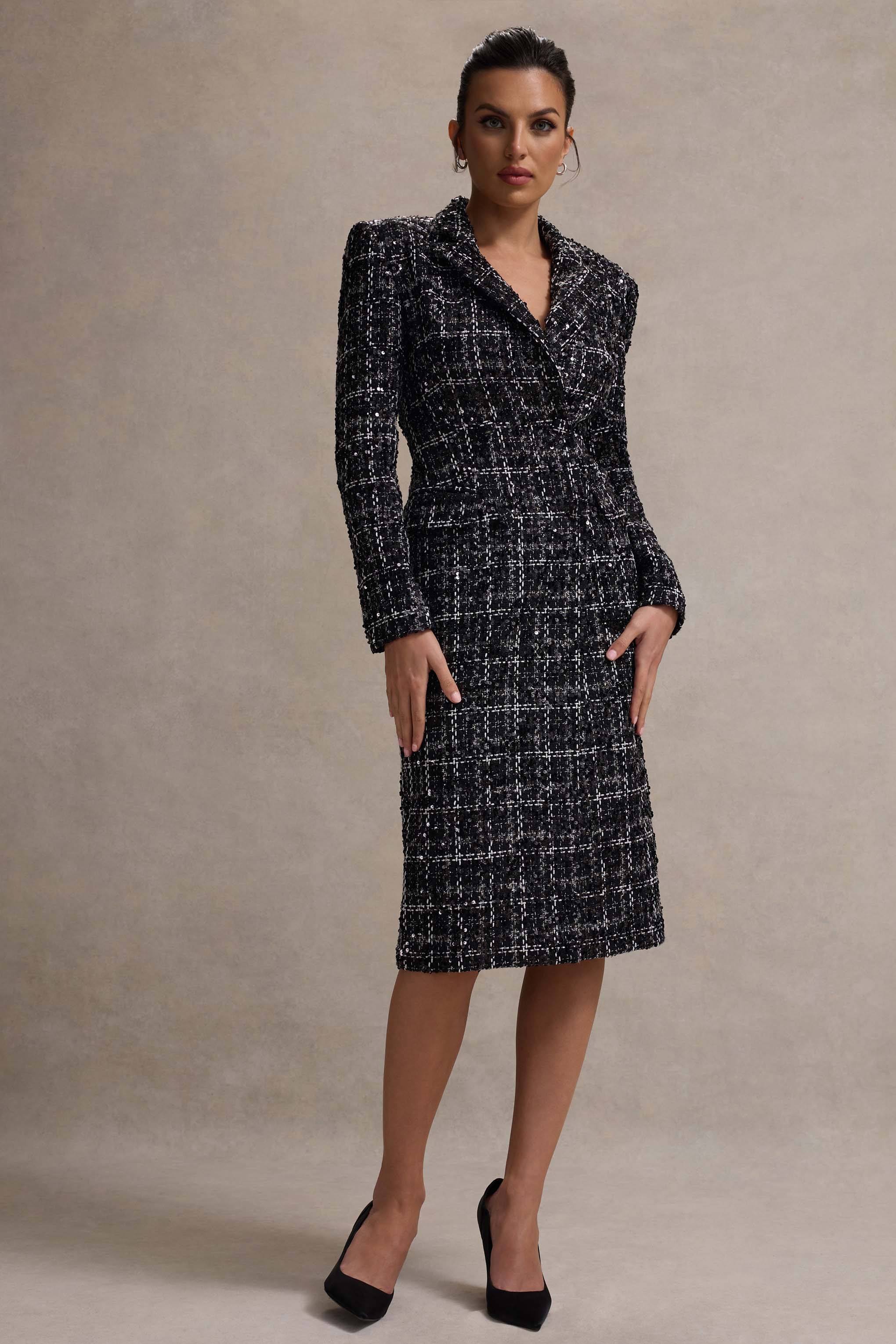 Cooper | Siyah Boucle Kesim Blazer Midi Elbise