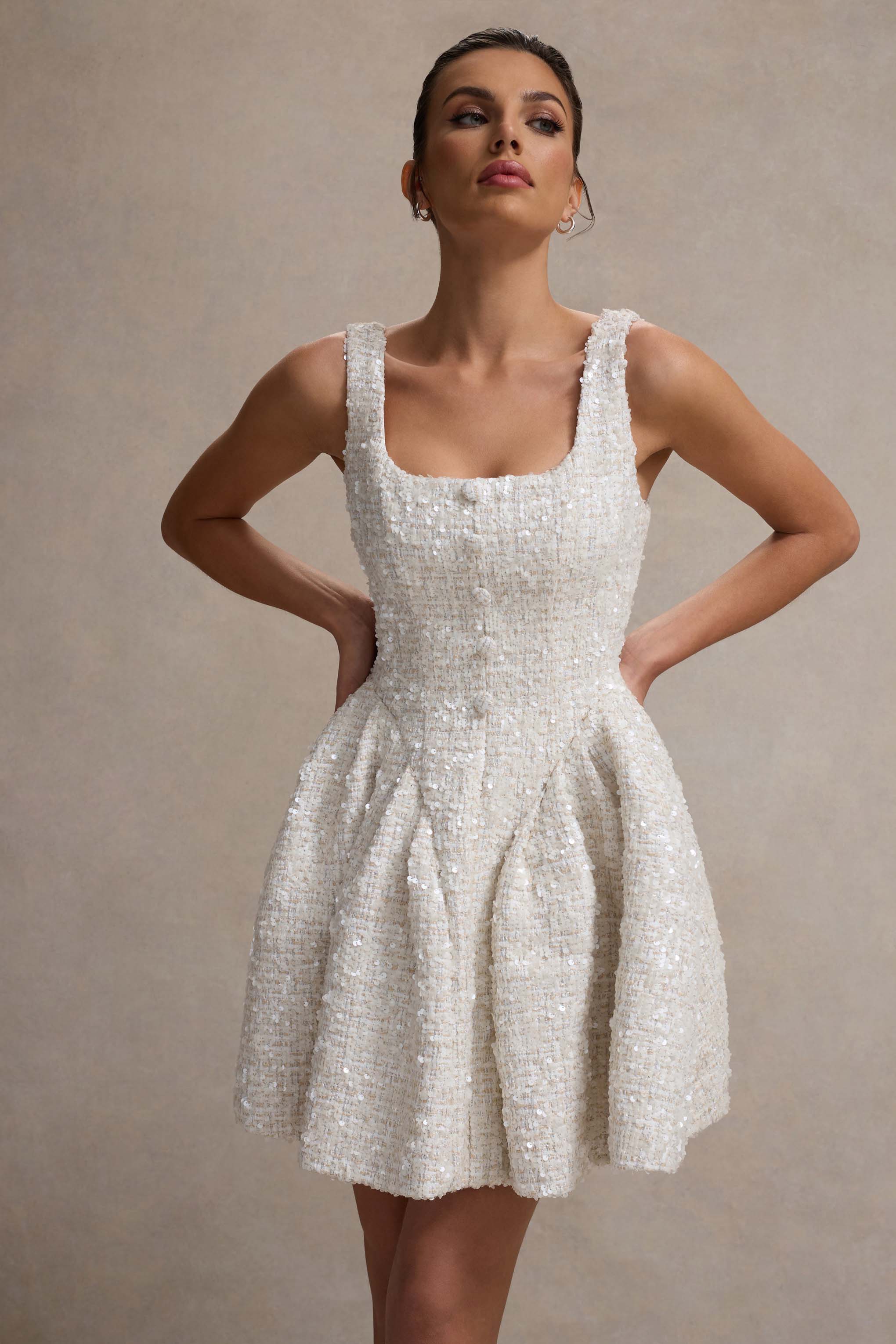 Şeker Plumu | Krem Boucle Kare Yaka Mini Elbise