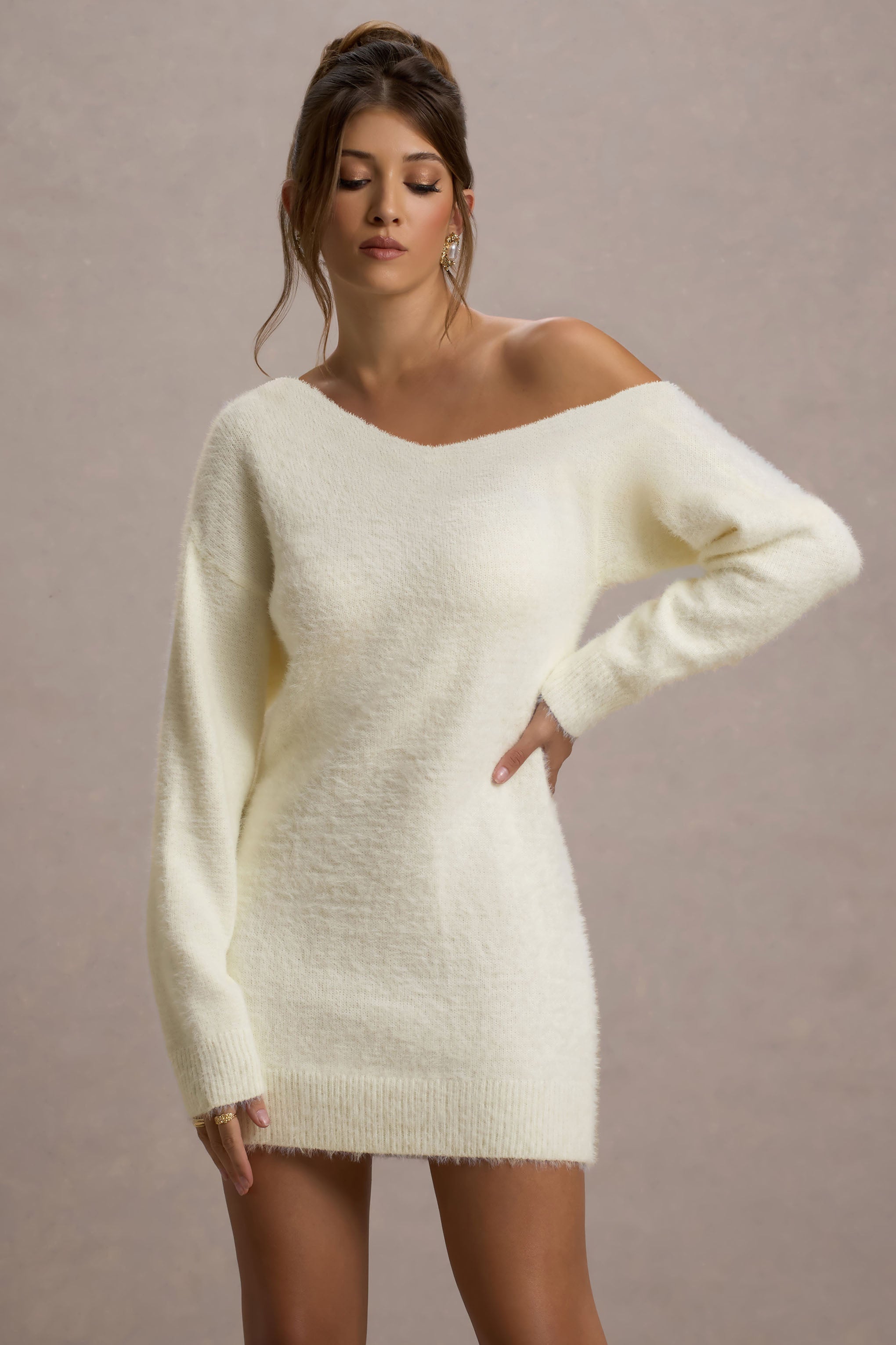 Terra | Krem Renk Sahte Mohair Oversize Mini Elbise