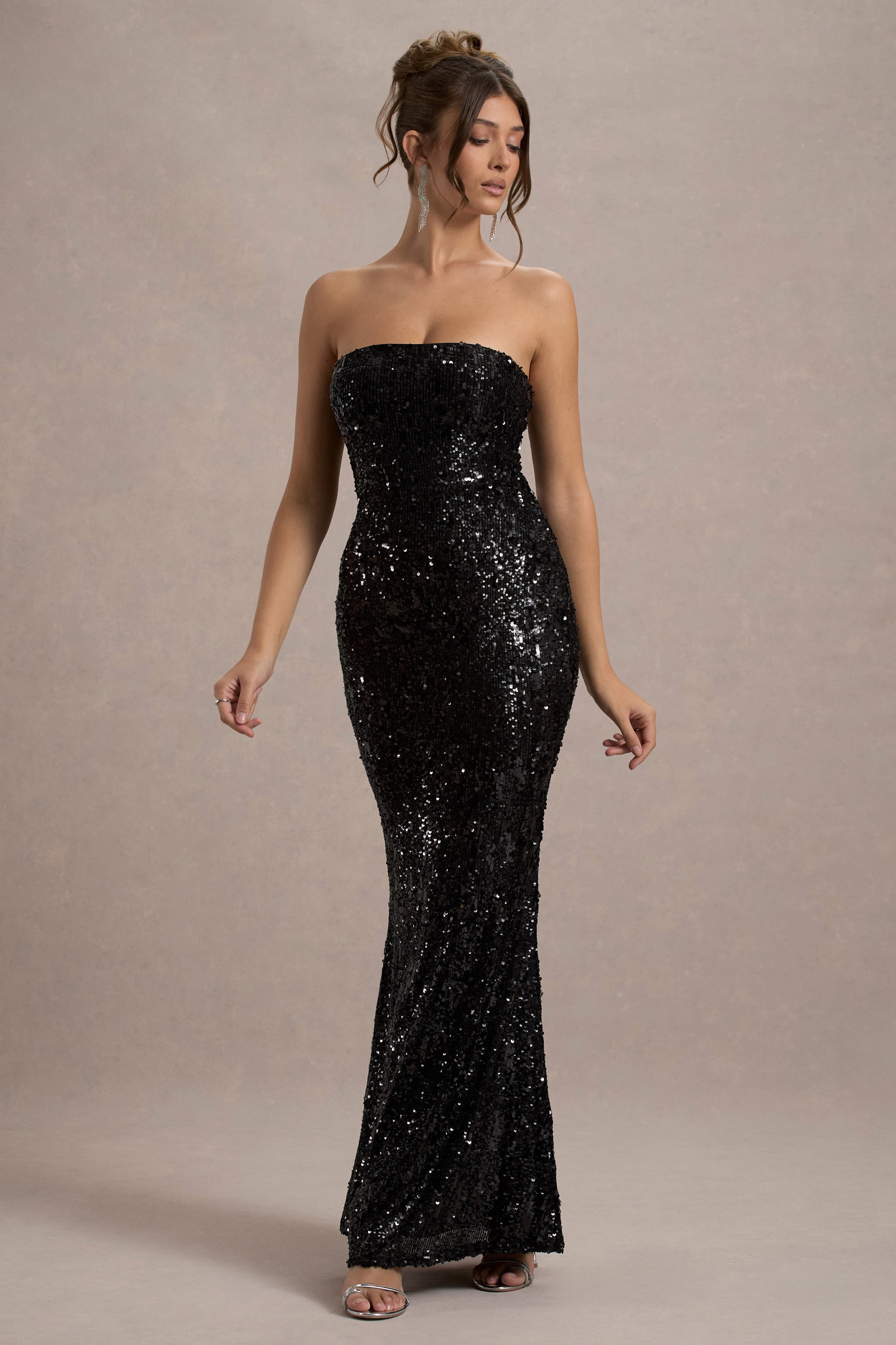 Sihir Gibi | Siyah Pul Payet Bandeau Maxi Elbise