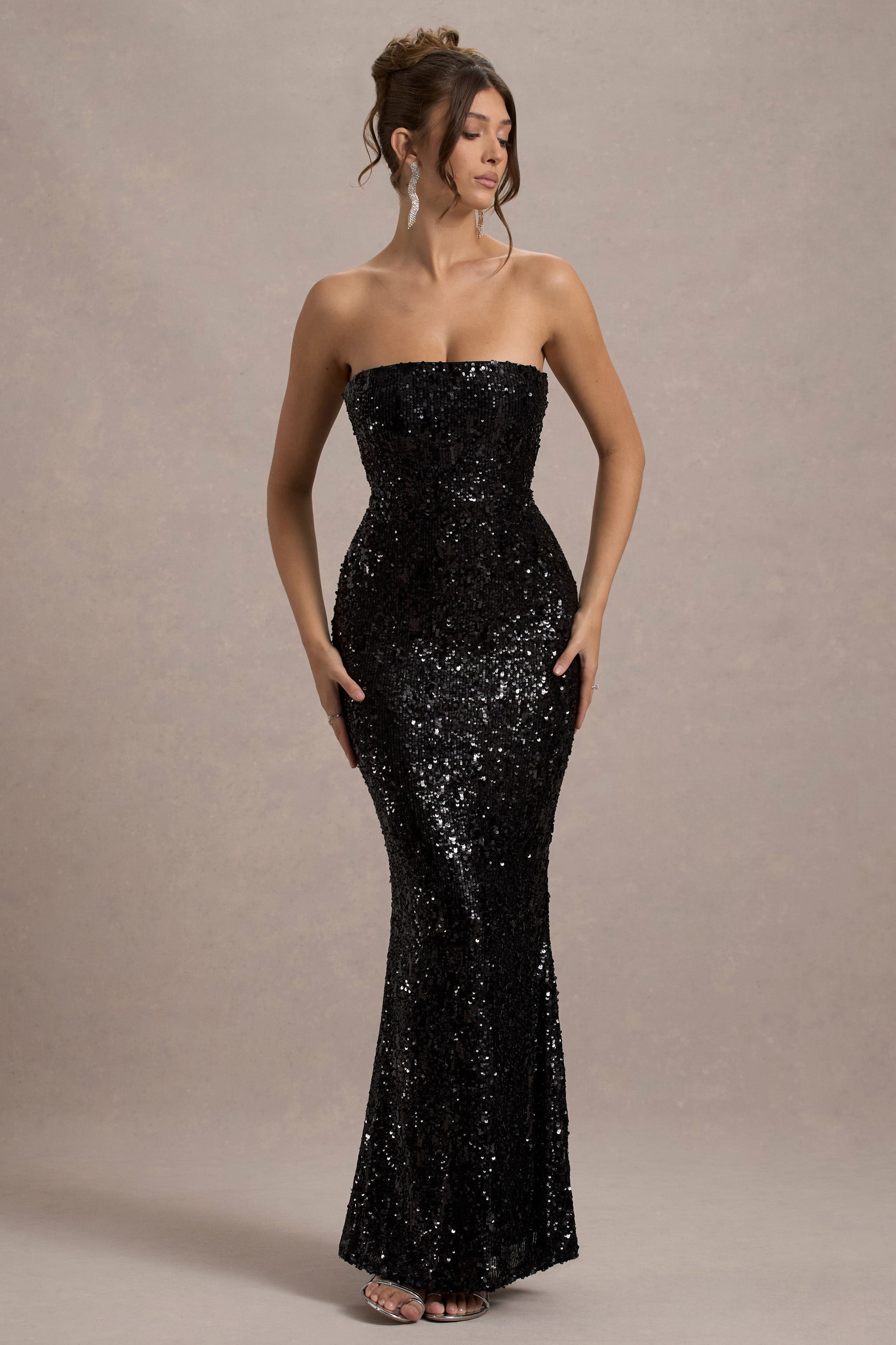 Sihir Gibi | Siyah Pul Payet Bandeau Maxi Elbise