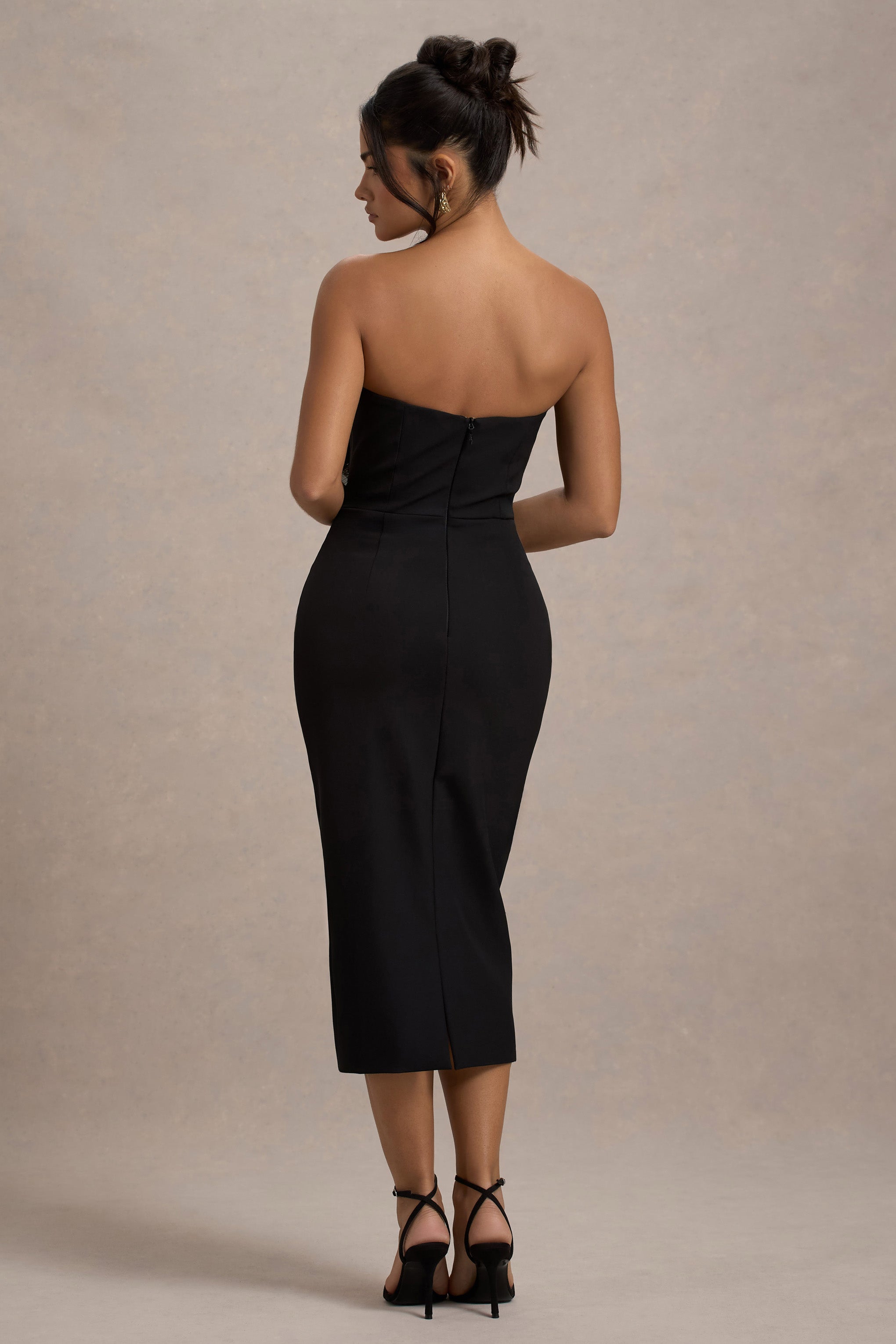 Moya | Siyah & Altın Korsaj Detaylı Bodycon Midi Elbise