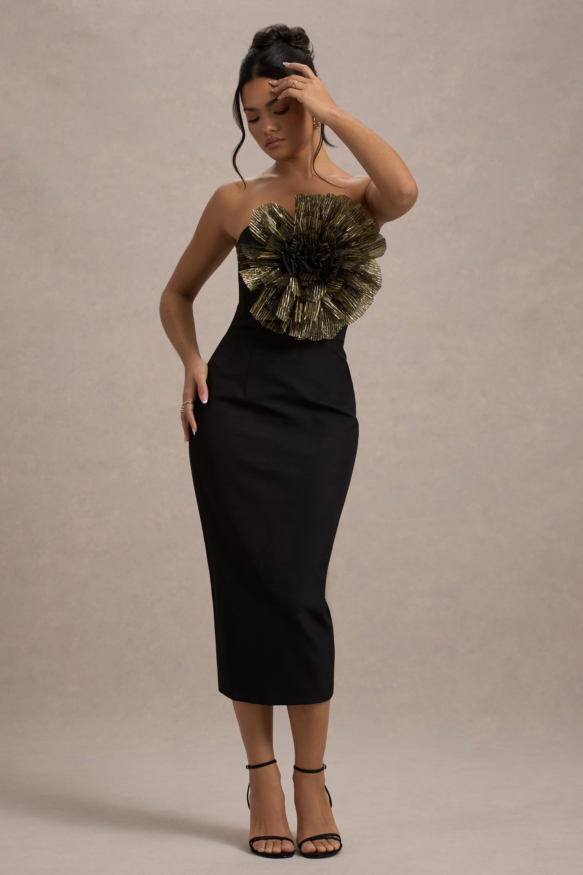 Moya | Siyah & Altın Korsaj Detaylı Bodycon Midi Elbise