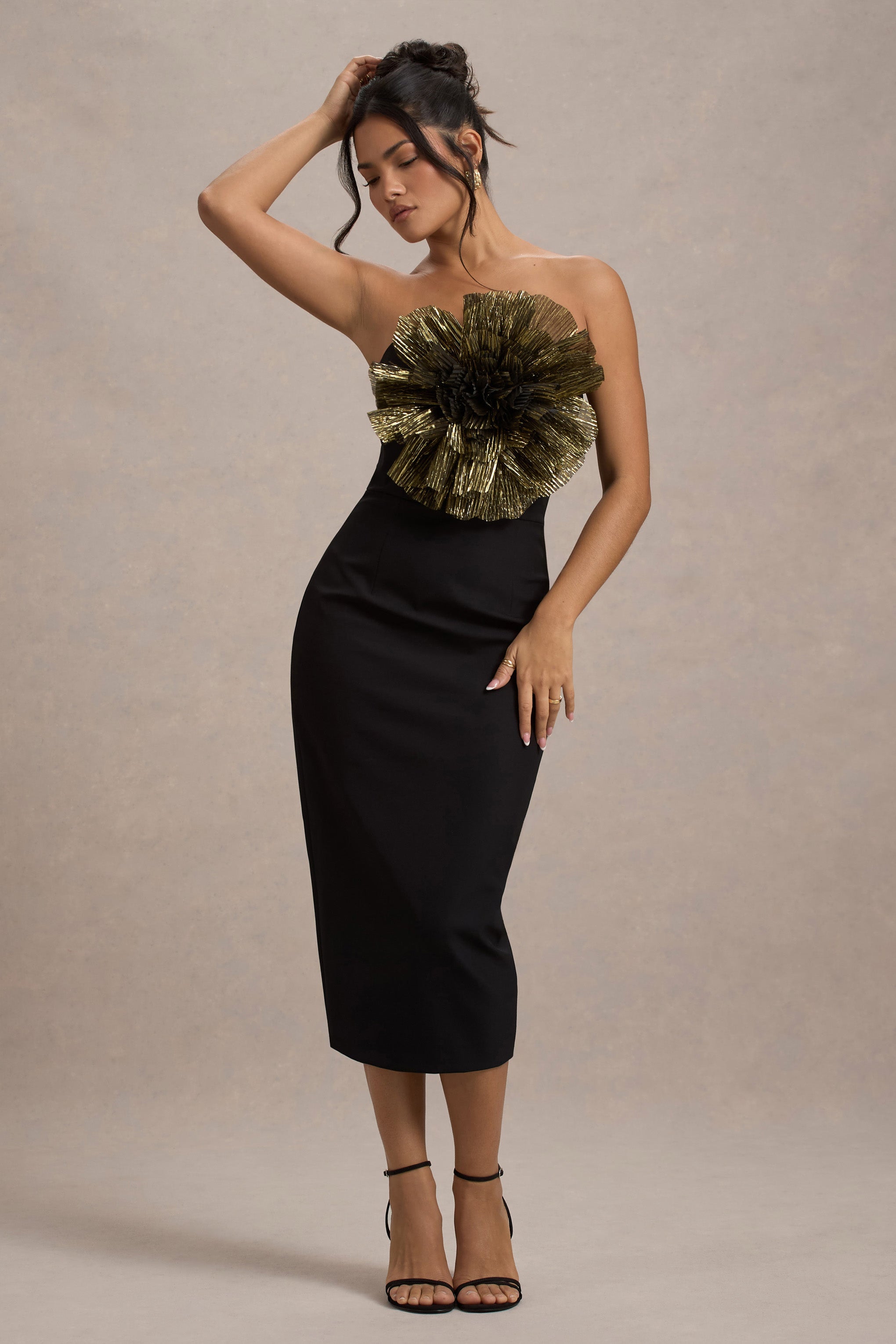Moya | Siyah & Altın Korsaj Detaylı Bodycon Midi Elbise