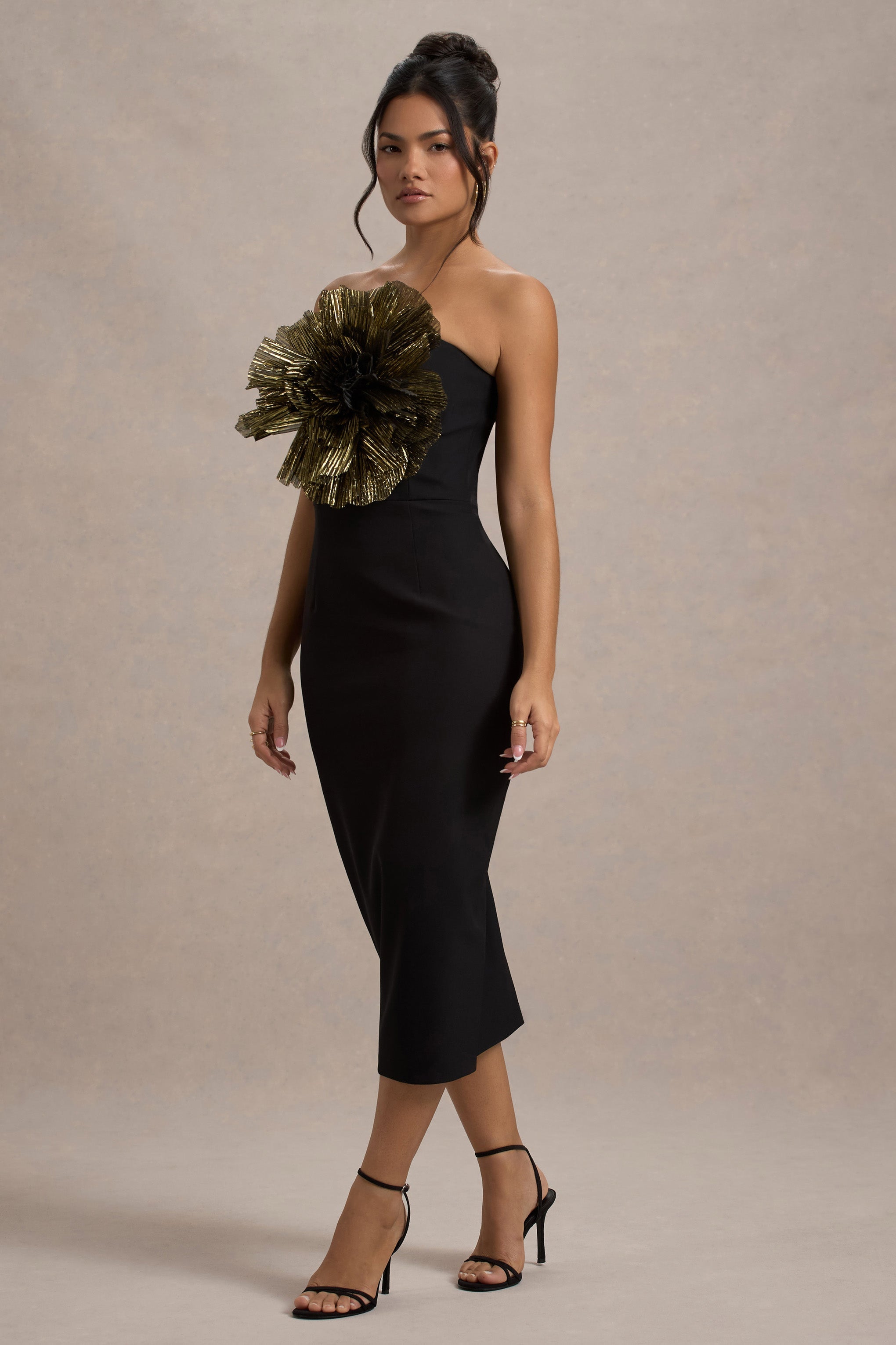 Moya | Siyah & Altın Korsaj Detaylı Bodycon Midi Elbise
