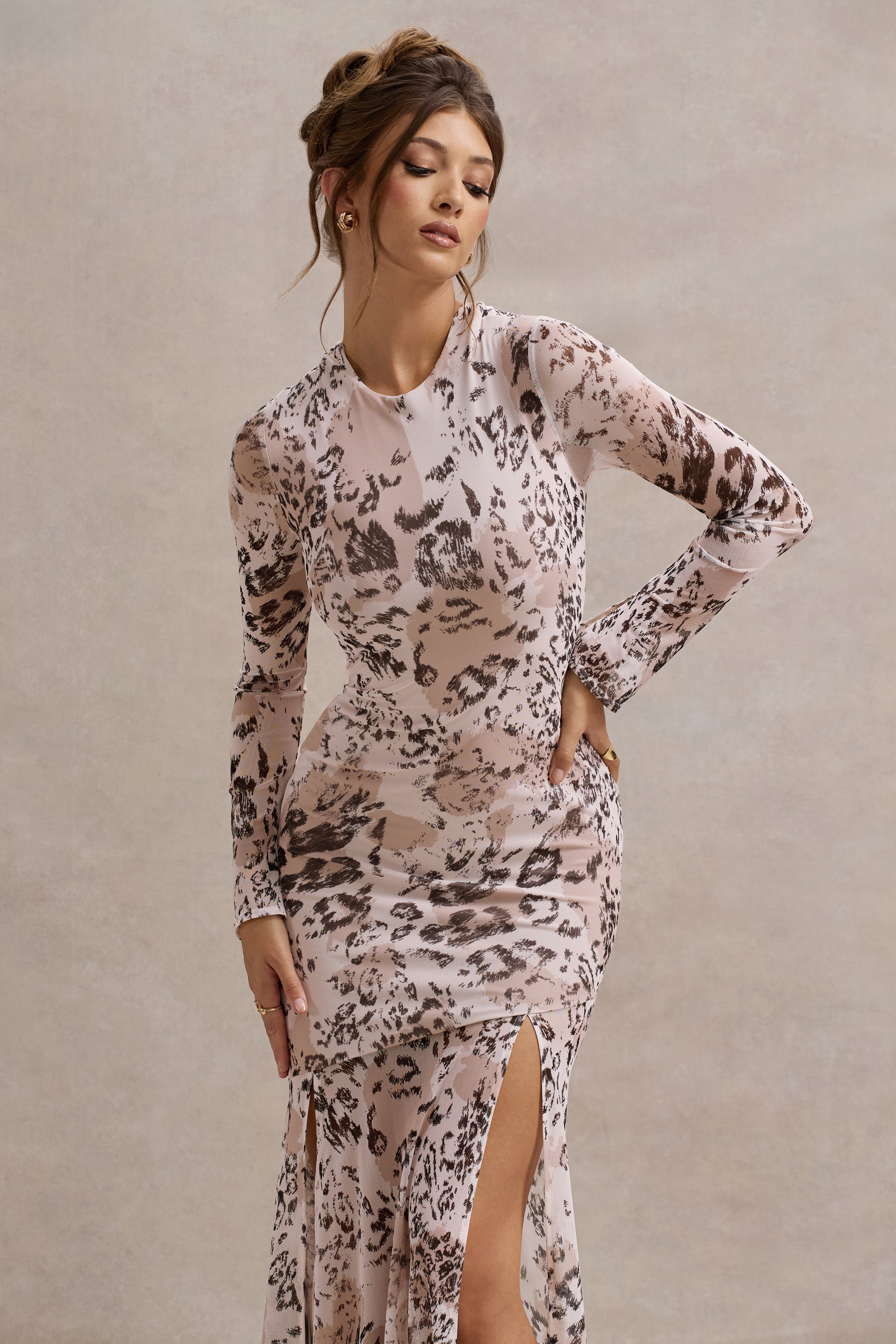 Tigerlily | Leopar Desenli Dantel Uzun Kollu Açık Sırt Maxi Elbise