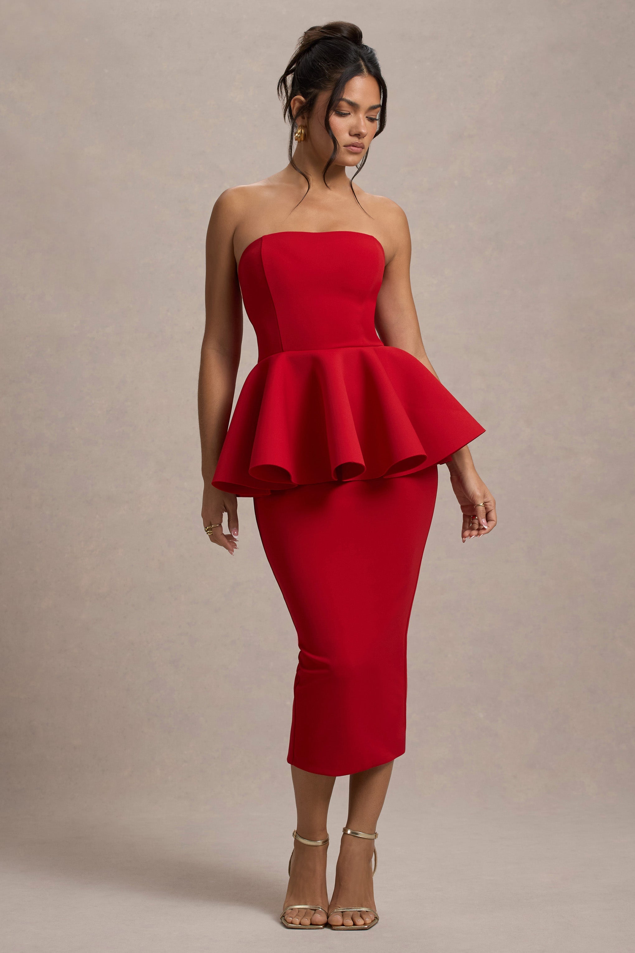 İlk Dans | Kırmızı Bandeau Peplum Midi Elbise