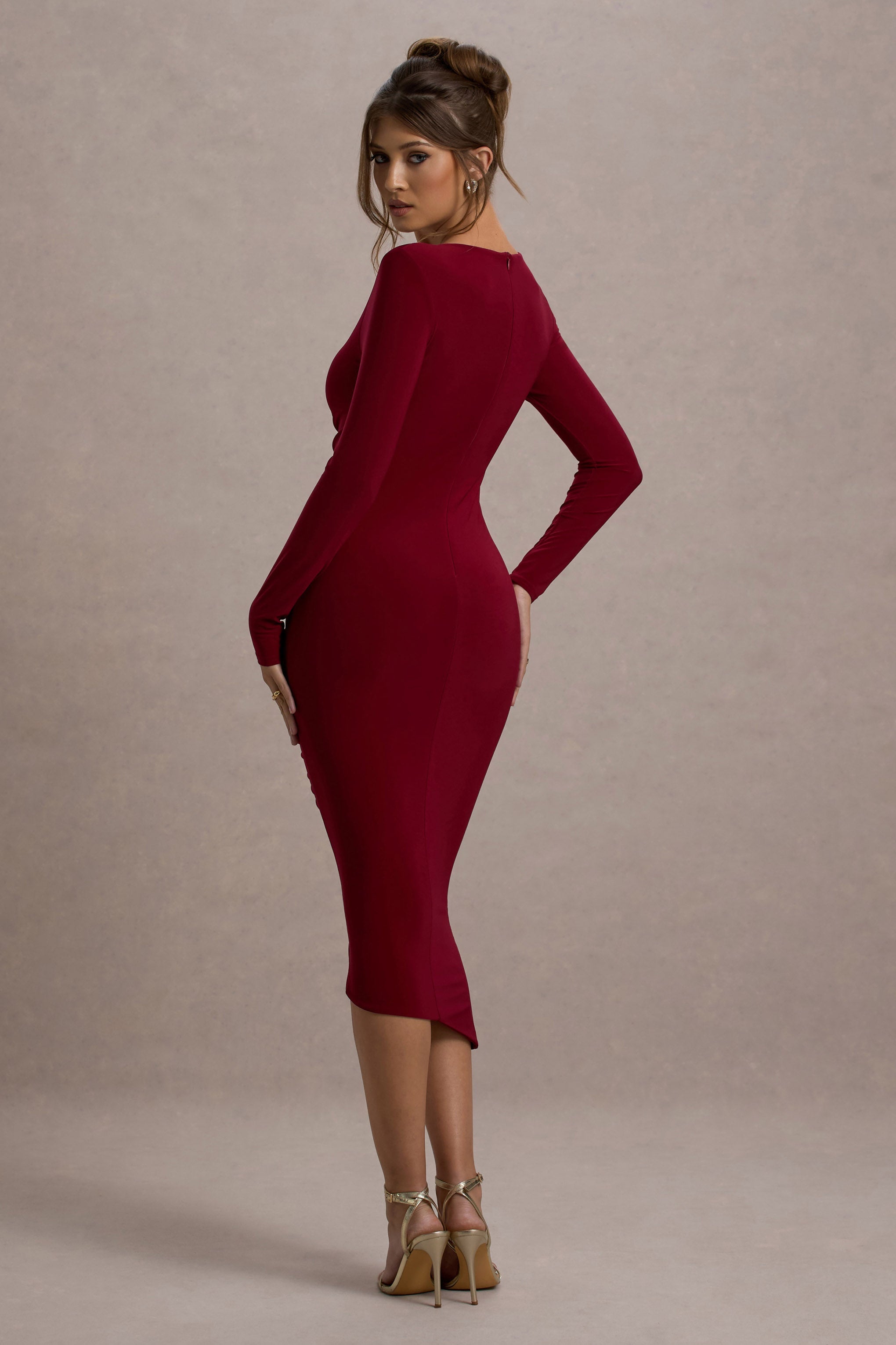 Lilia | Berry Ruched Asimetrik Midi Elbise