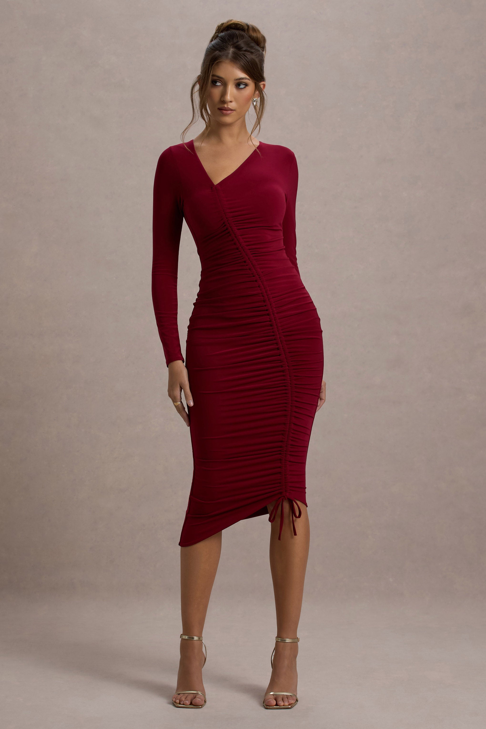 Lilia | Berry Ruched Asimetrik Midi Elbise