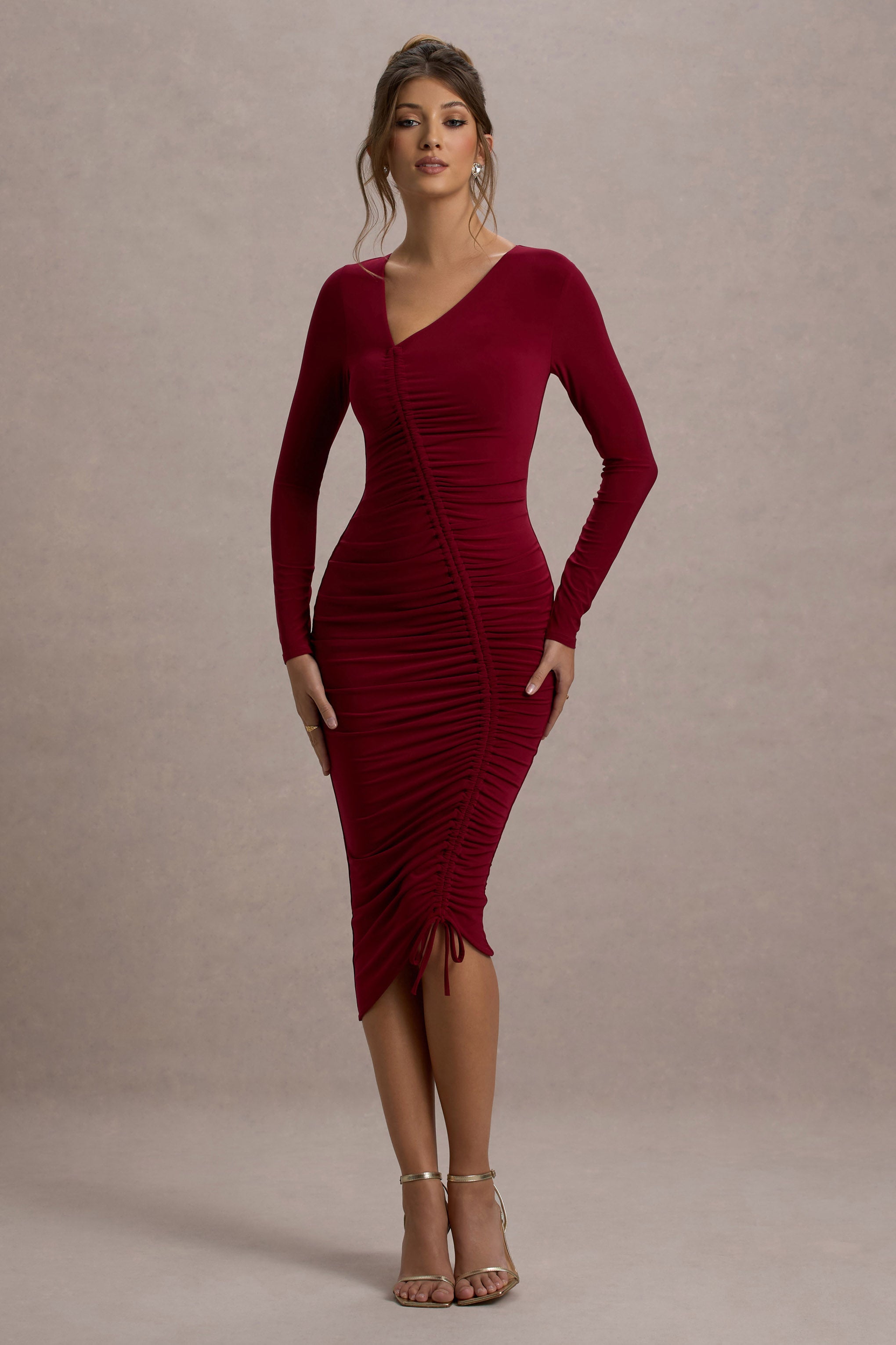 Lilia | Berry Ruched Asimetrik Midi Elbise