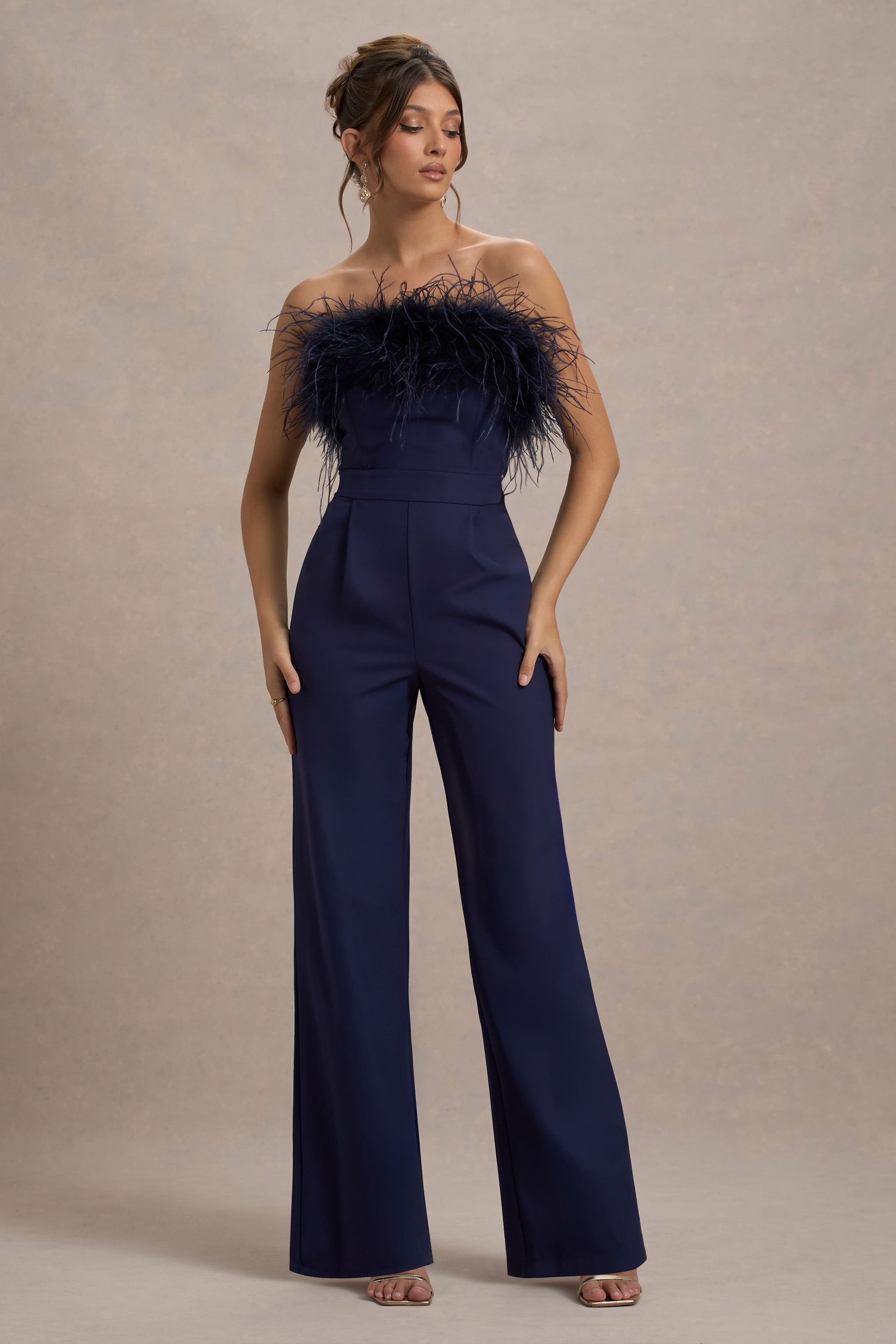 Birinci Sınıf | Lacivert Bandeau Tüy Geniş Paça Tulum