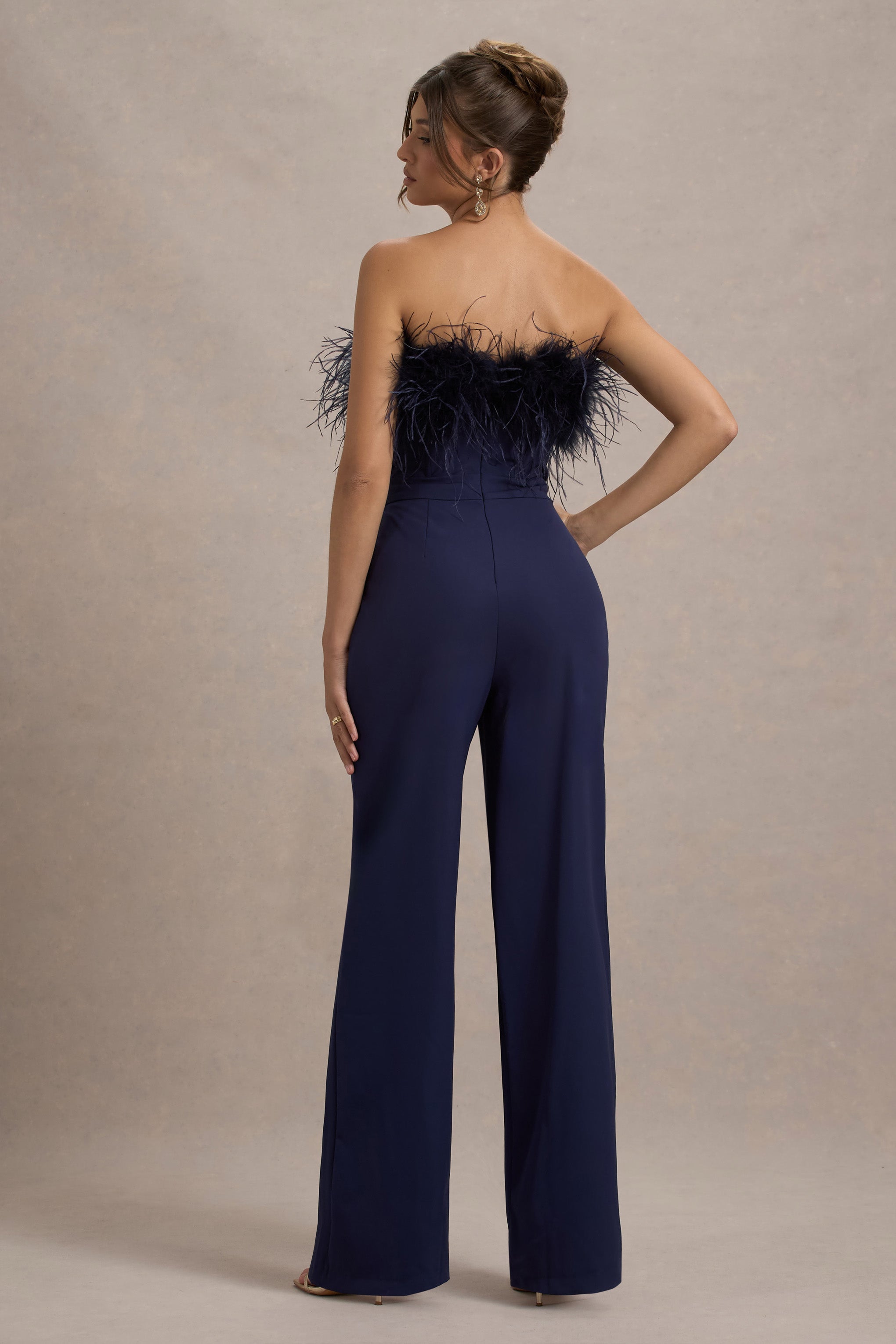 Birinci Sınıf | Lacivert Bandeau Tüy Geniş Paça Tulum
