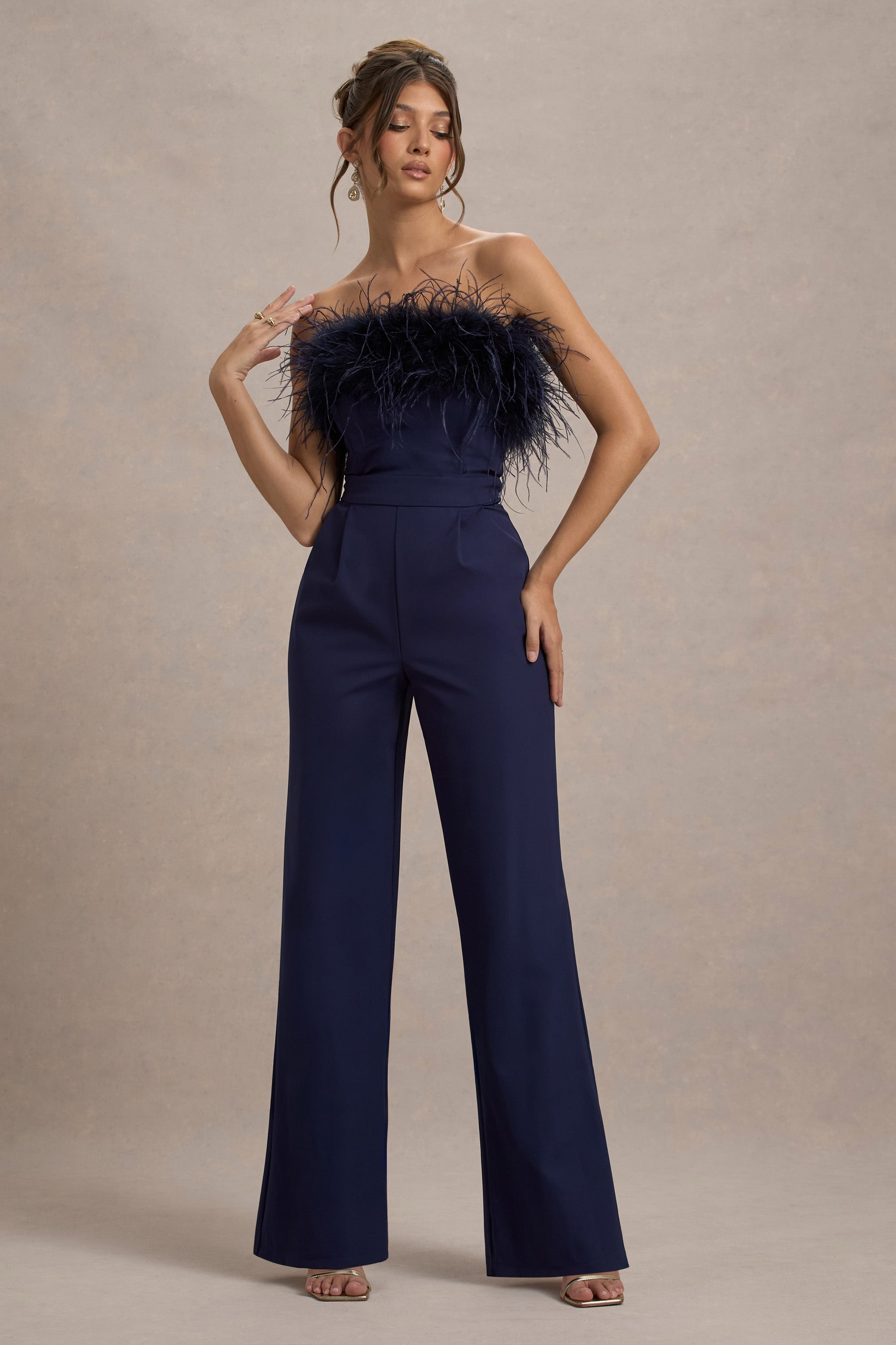 Birinci Sınıf | Lacivert Bandeau Tüy Geniş Paça Tulum