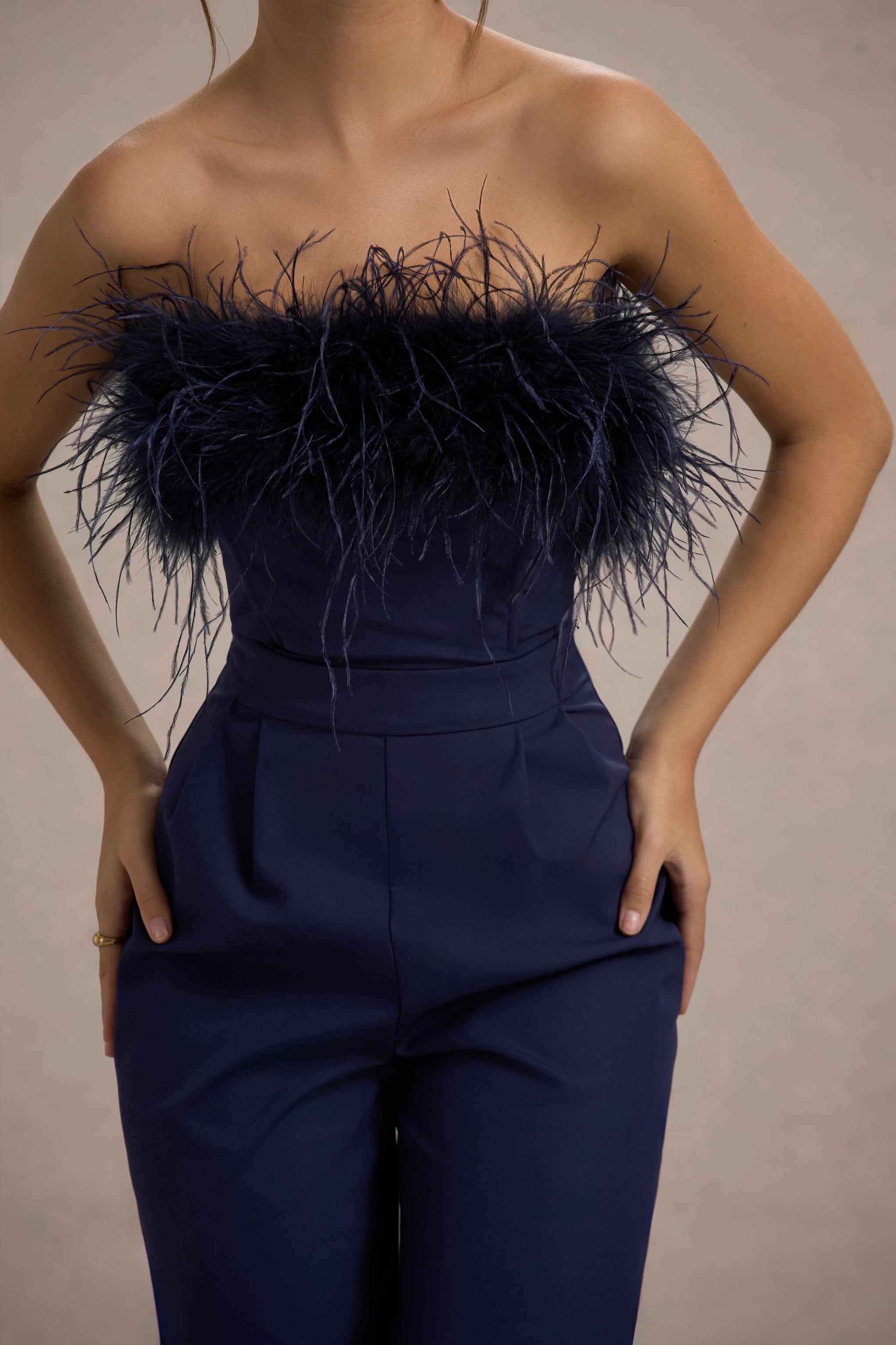 Birinci Sınıf | Lacivert Bandeau Tüy Geniş Paça Tulum