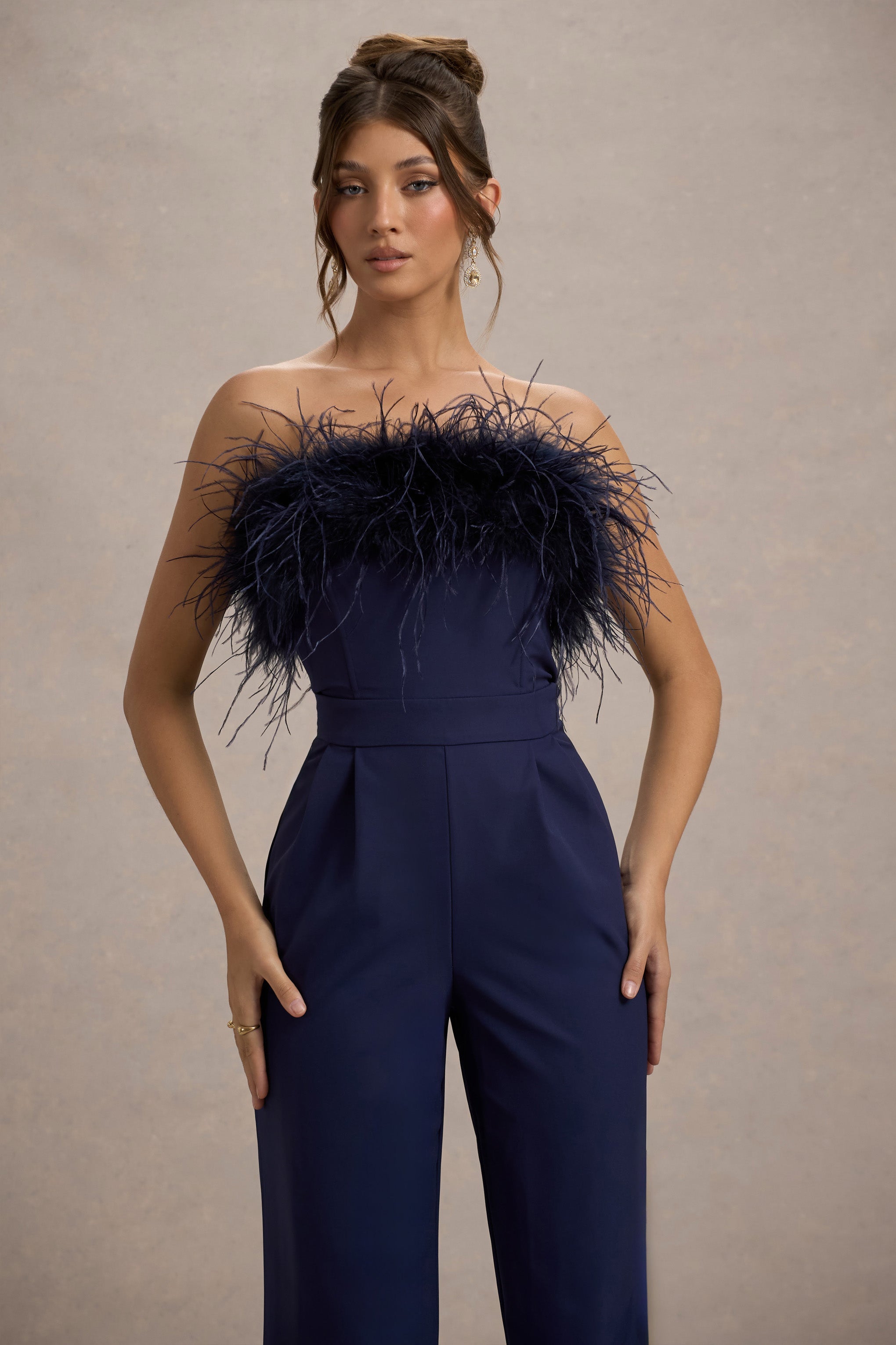 Birinci Sınıf | Lacivert Bandeau Tüy Geniş Paça Tulum