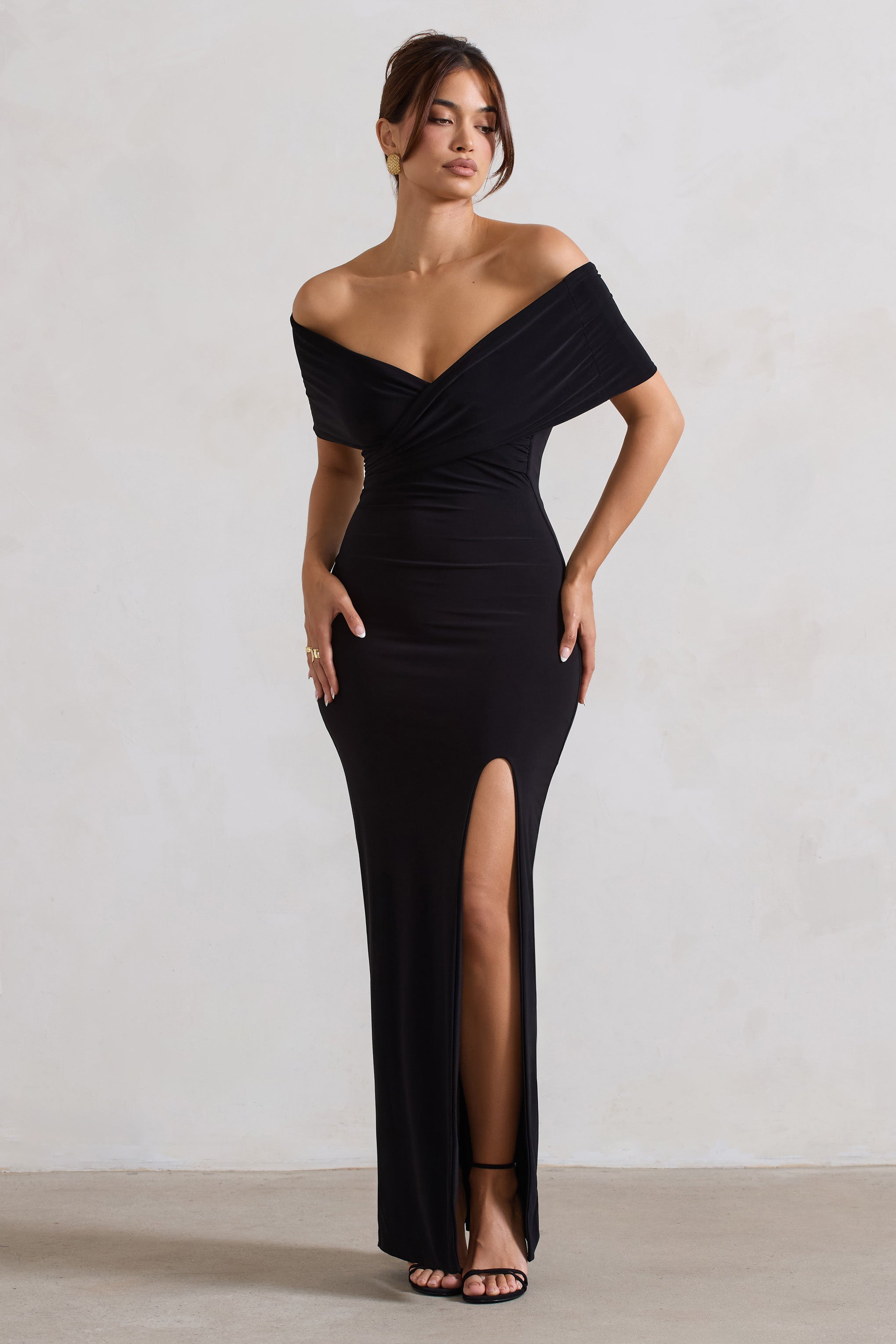 Şık | Siyah Dönüşlü Ön Bardot Maxi Elbise