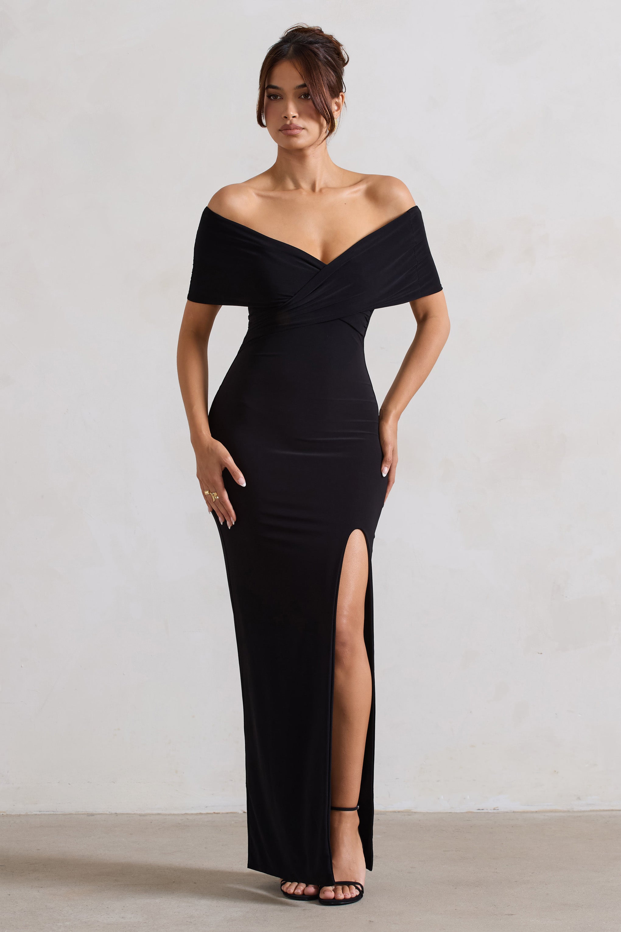 Şık | Siyah Dönüşlü Ön Bardot Maxi Elbise