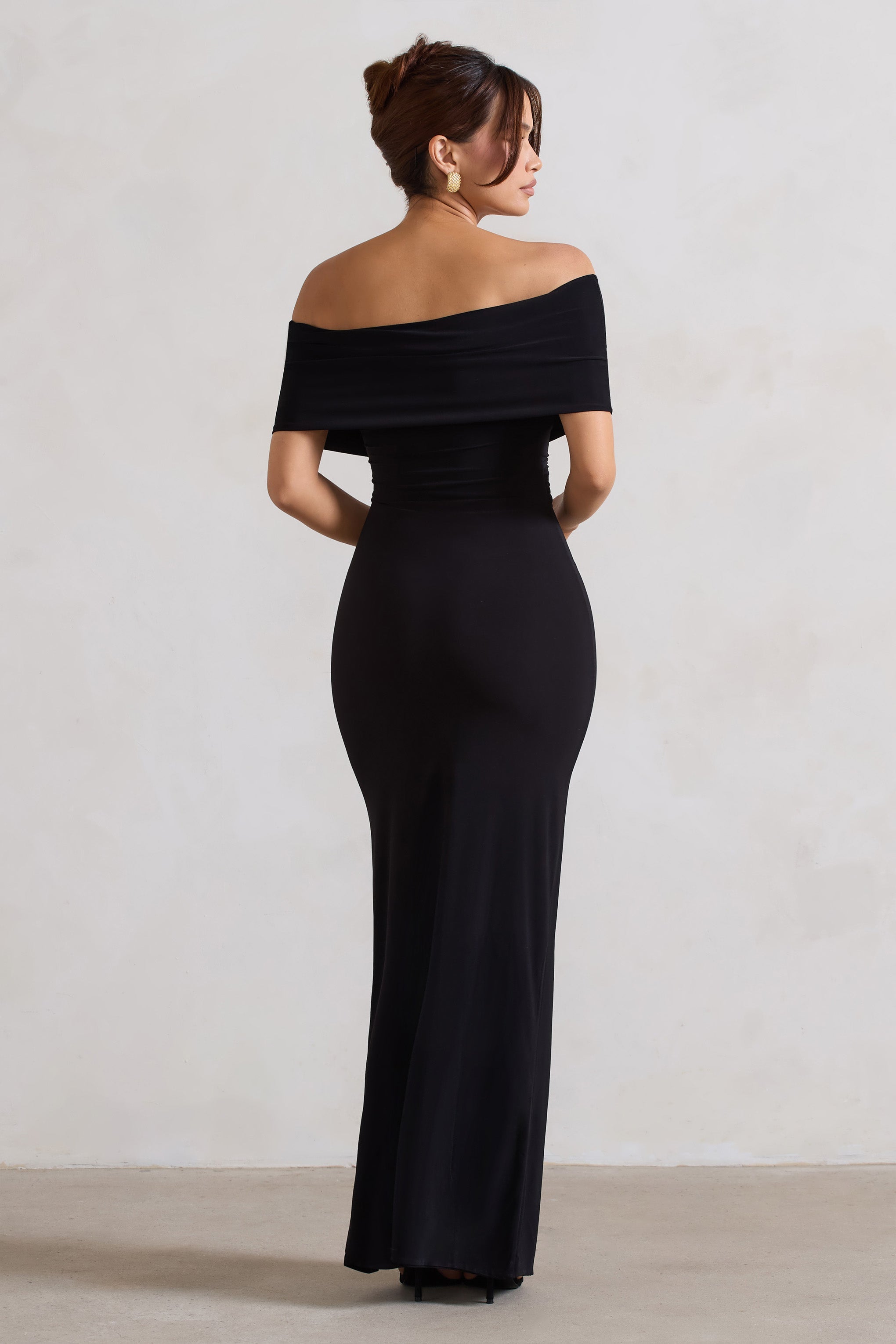 Şık | Siyah Dönüşlü Ön Bardot Maxi Elbise
