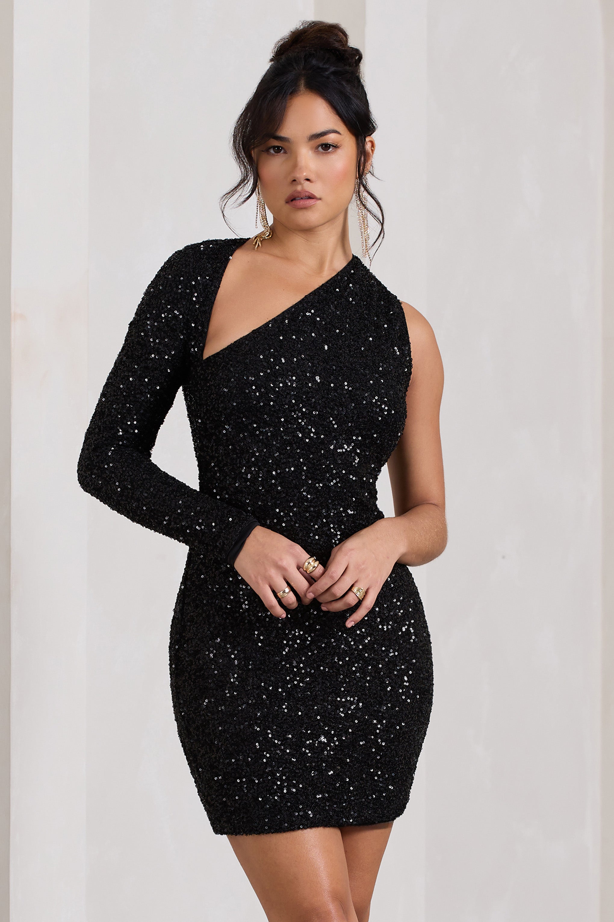 Siren | Siyah Pul Payet Tek Omuzlu Bodycon Mini Elbise