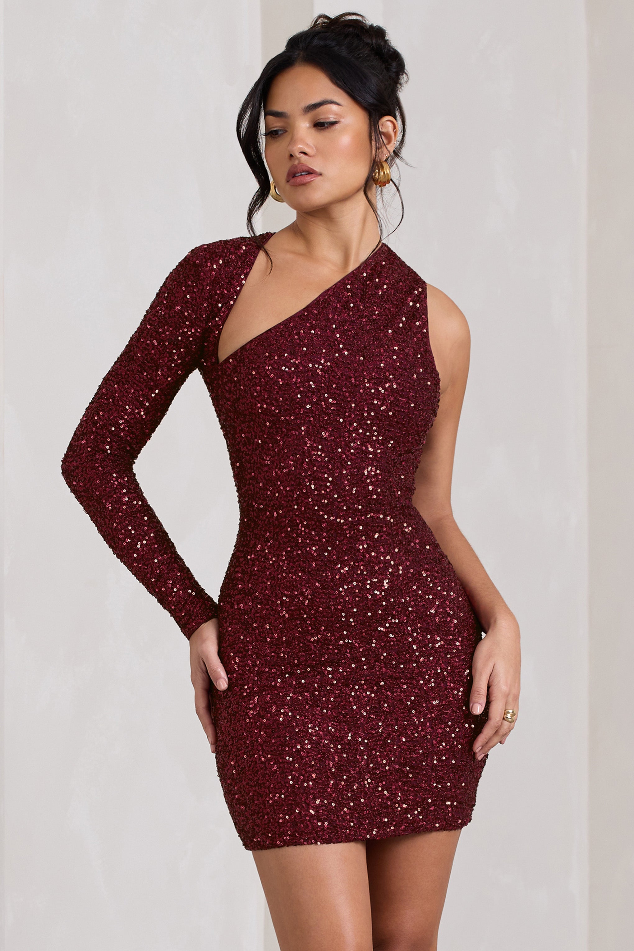 Siren | Bordo Payet Tek Omuz Bodycon Mini Elbise