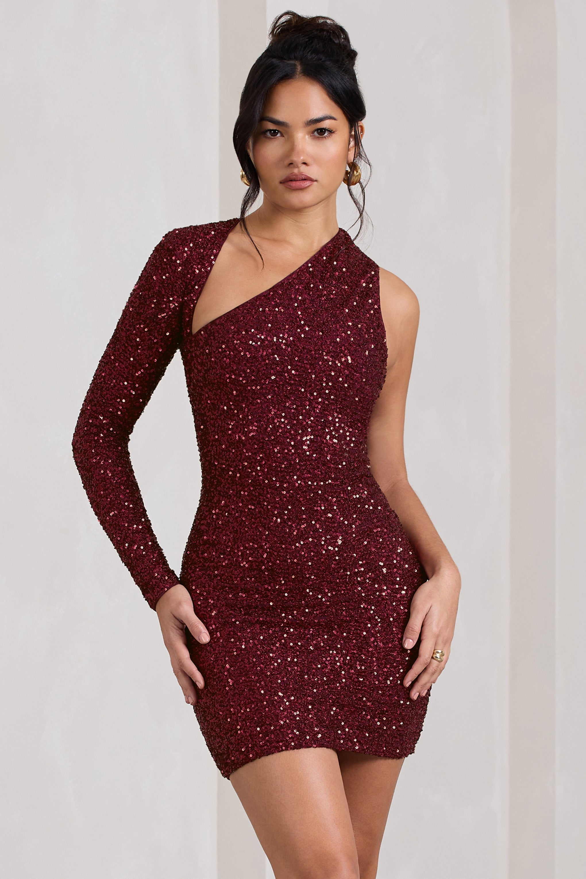 Siren | Bordo Payet Tek Omuz Bodycon Mini Elbise