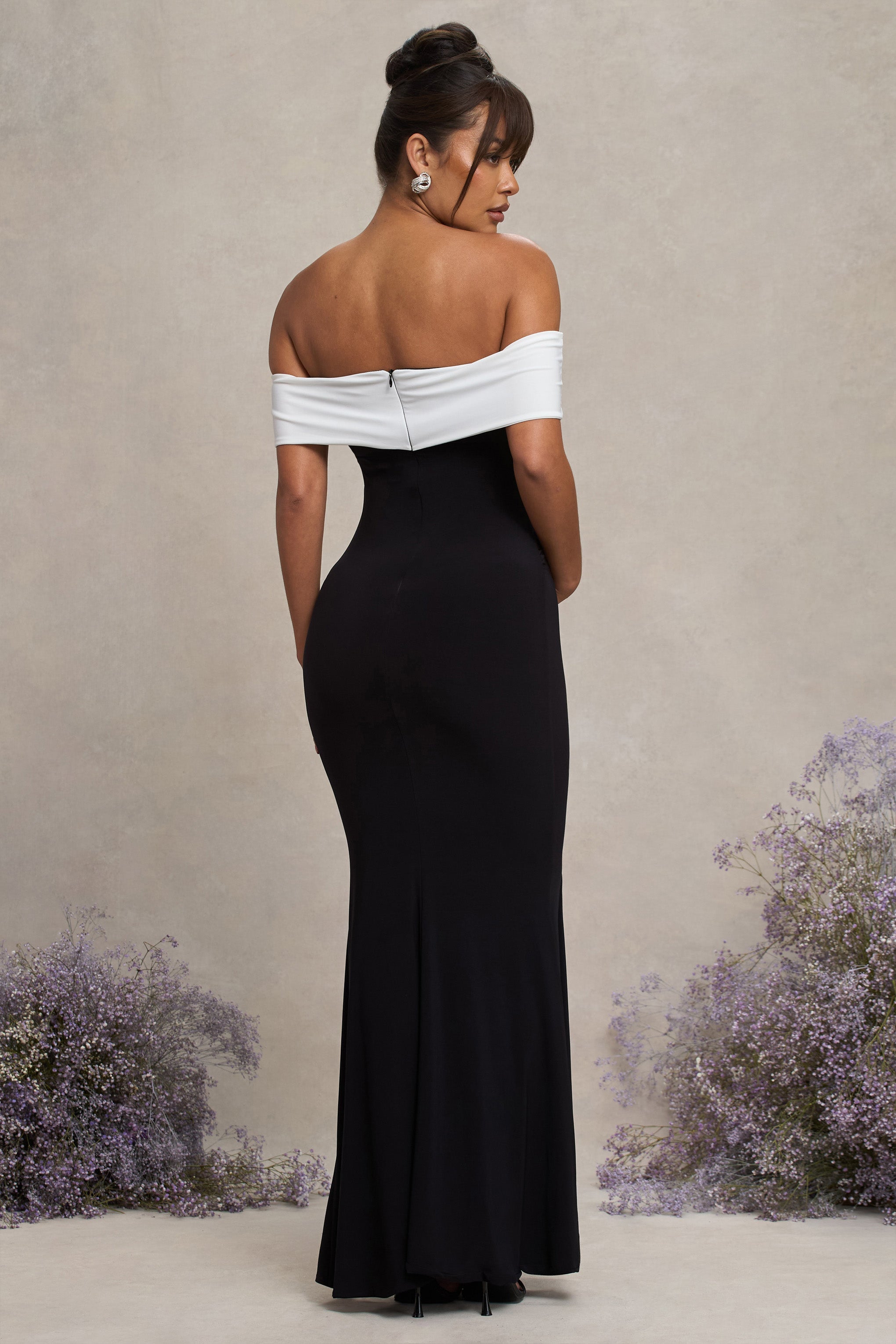 In Bloom | Siyah & Beyaz Bardot Hamile Maxi Elbise Çiçek Detaylı