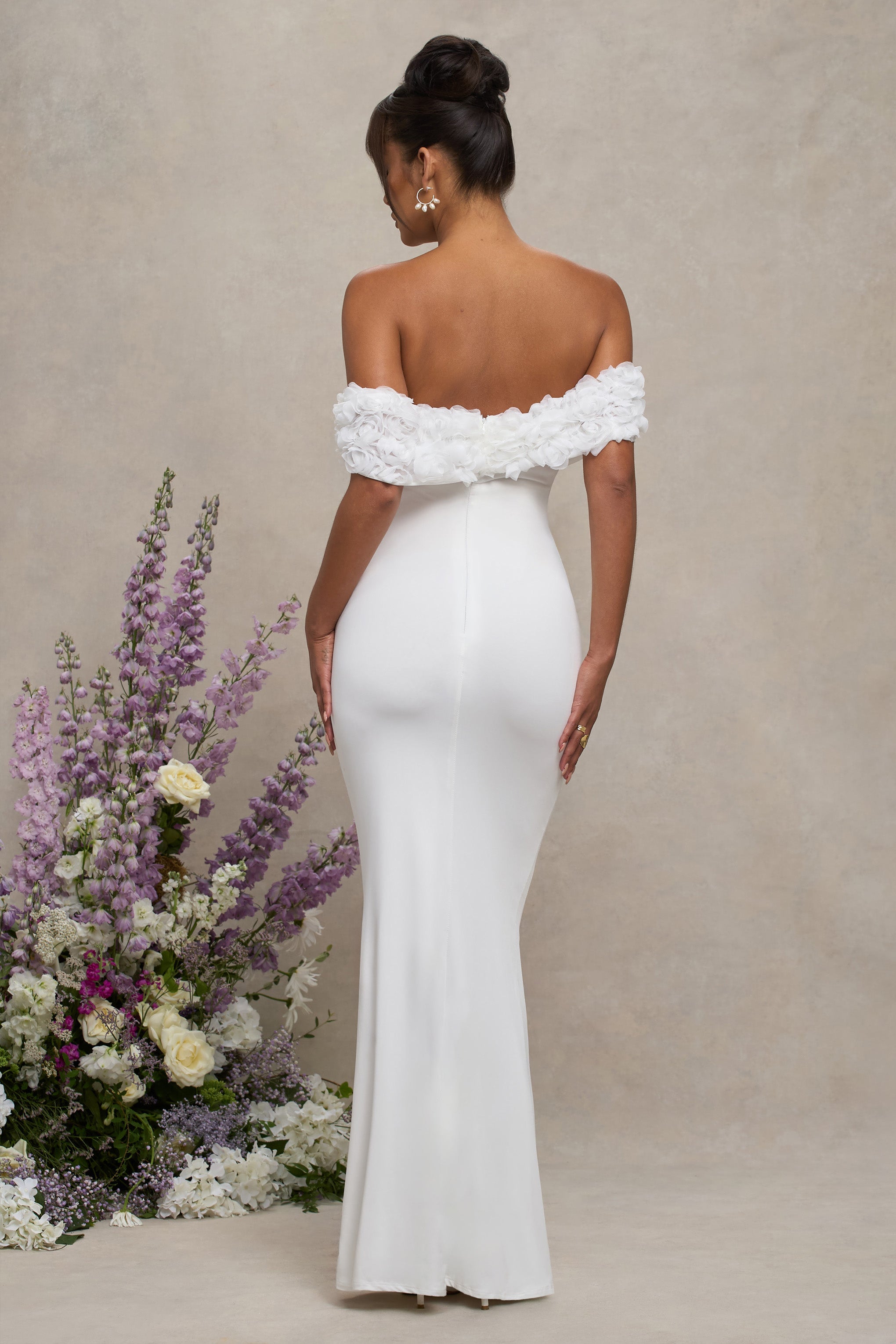 Çiçek Açması | Beyaz Dantel Çiçekli Bardot Hamile Maxi Elbise