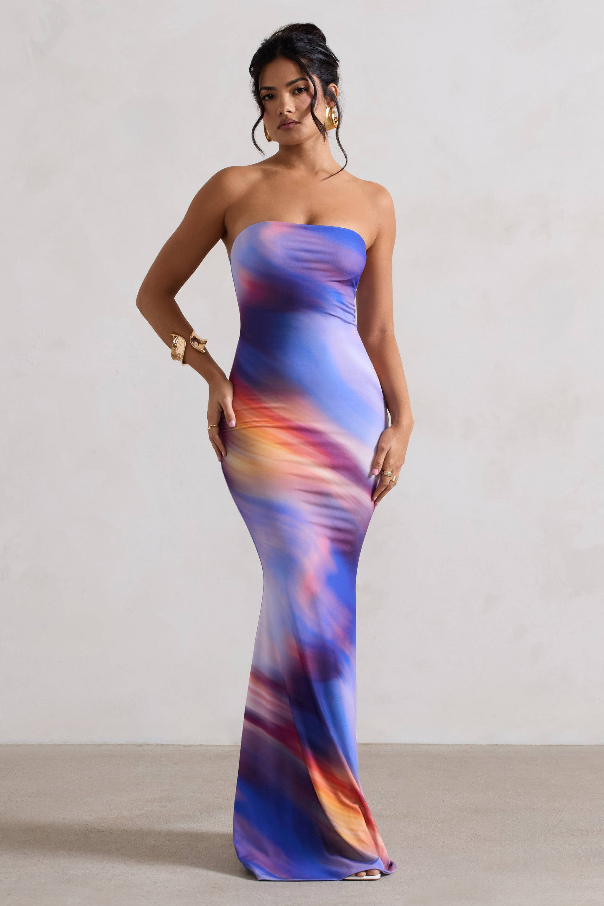 Tören | Soyut Baskılı Bandeau Kuşak Maxi Elbise