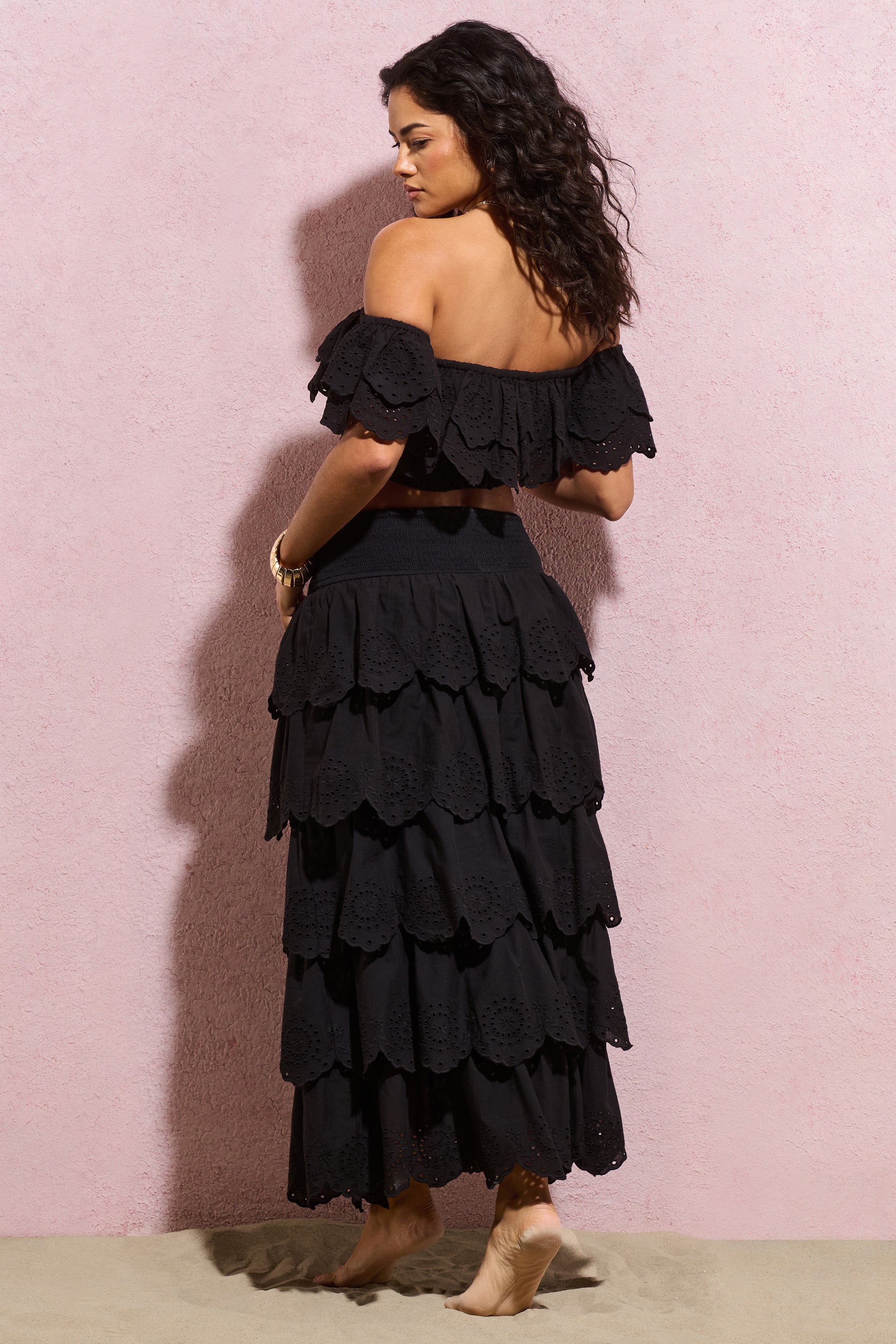 Vista | Siyah Broderie Ruffled Katmanlı Maxi Etek