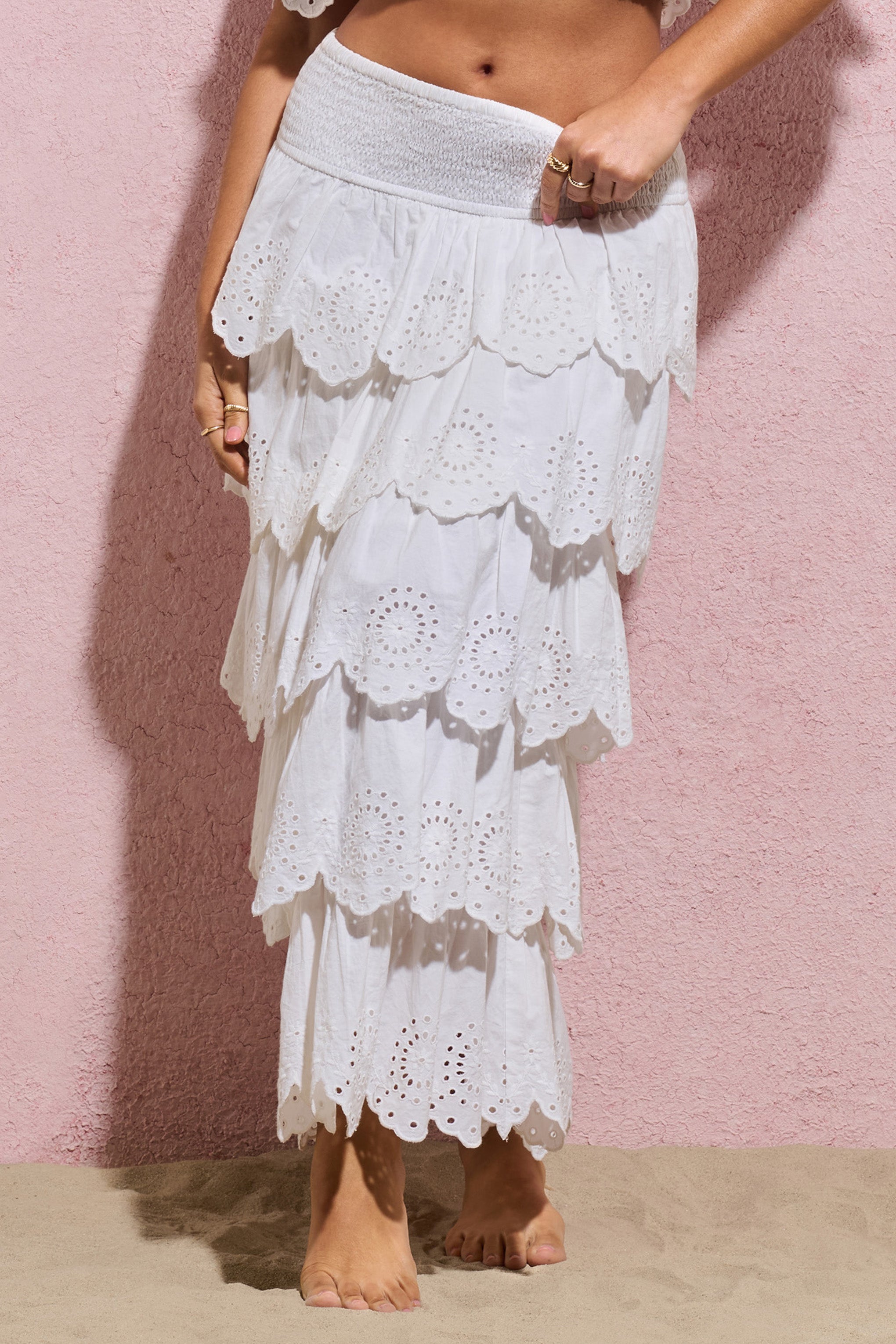 Vista | Beyaz Broderie Ruffled Katmanlı Maxi Etek